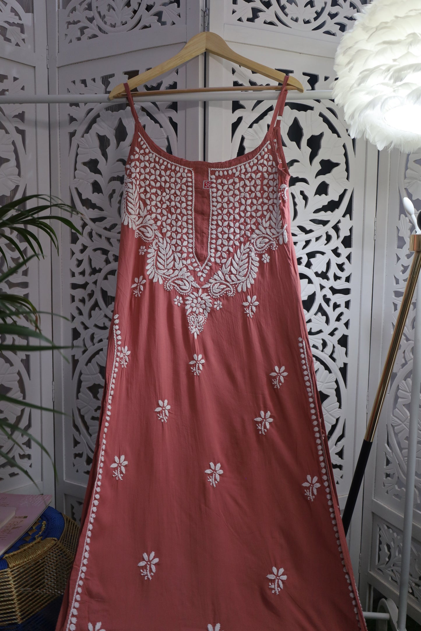 MODAL CHIKANKARI NOODLE STRAP KURTA- BROWN