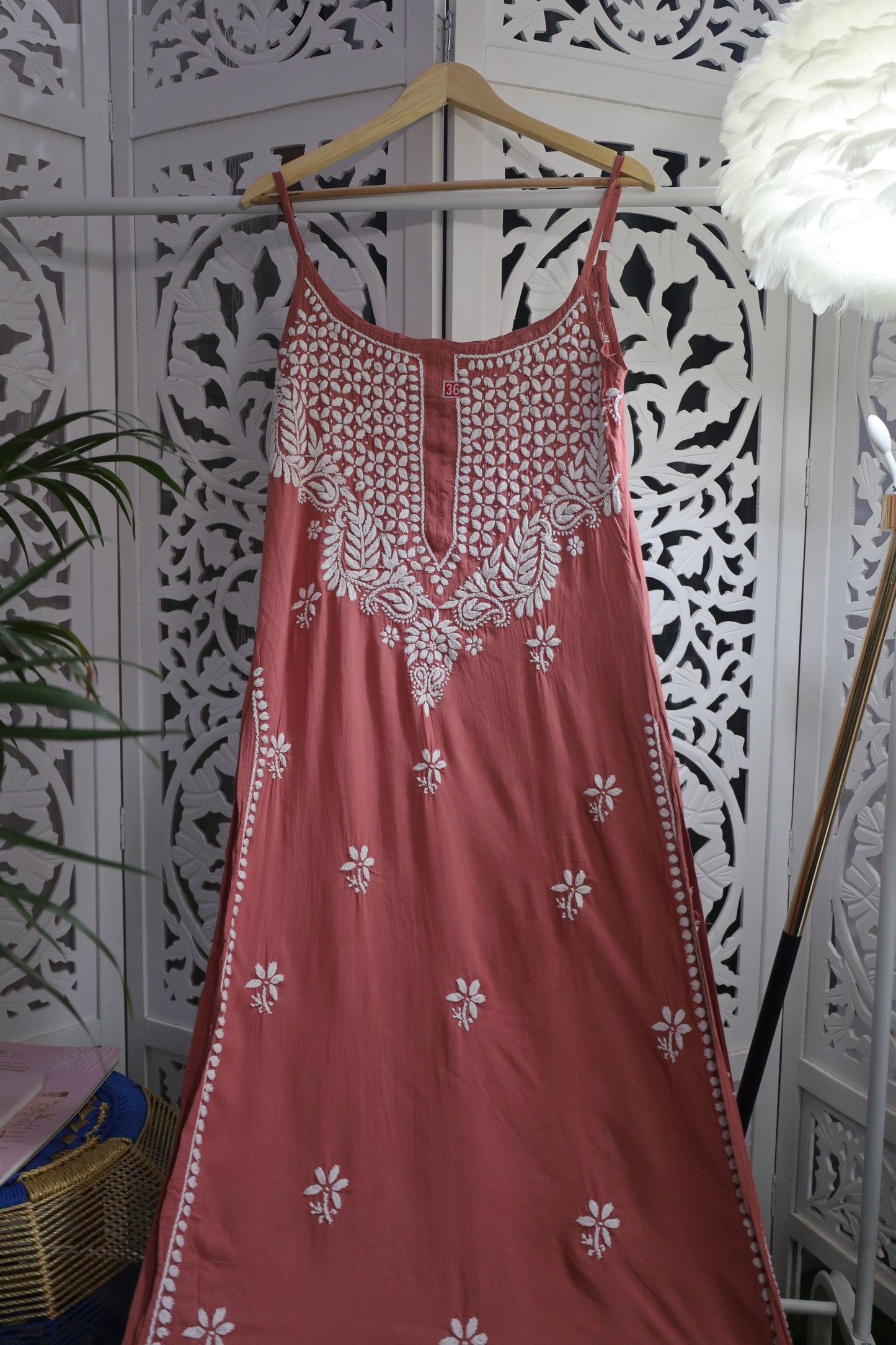MODAL CHIKANKARI NOODLE STRAP KURTA- BROWN
