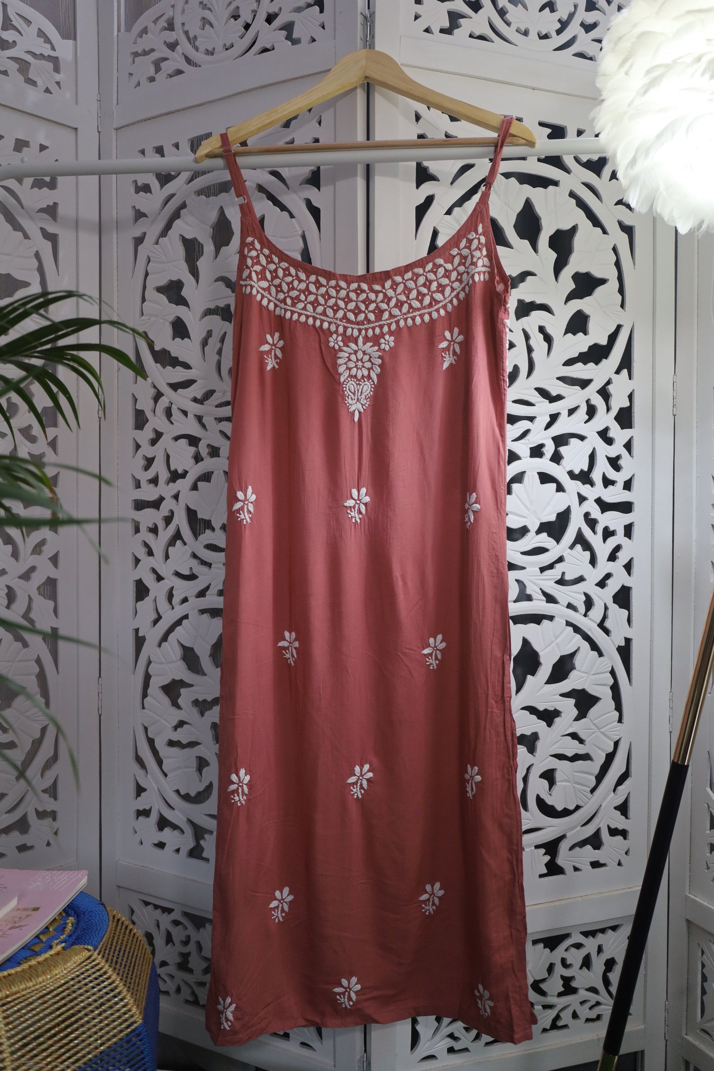 MODAL CHIKANKARI NOODLE STRAP KURTA- BROWN