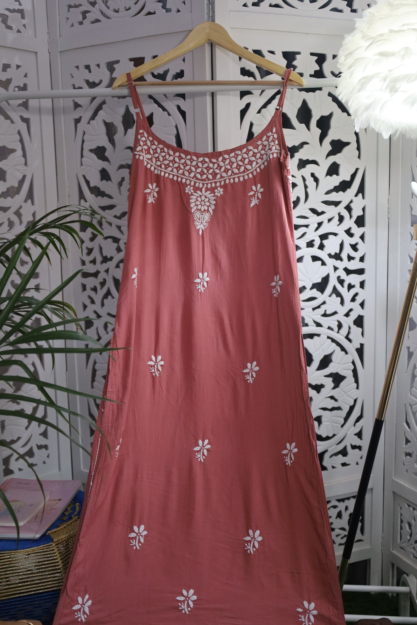 MODAL CHIKANKARI NOODLE STRAP KURTA- BROWN
