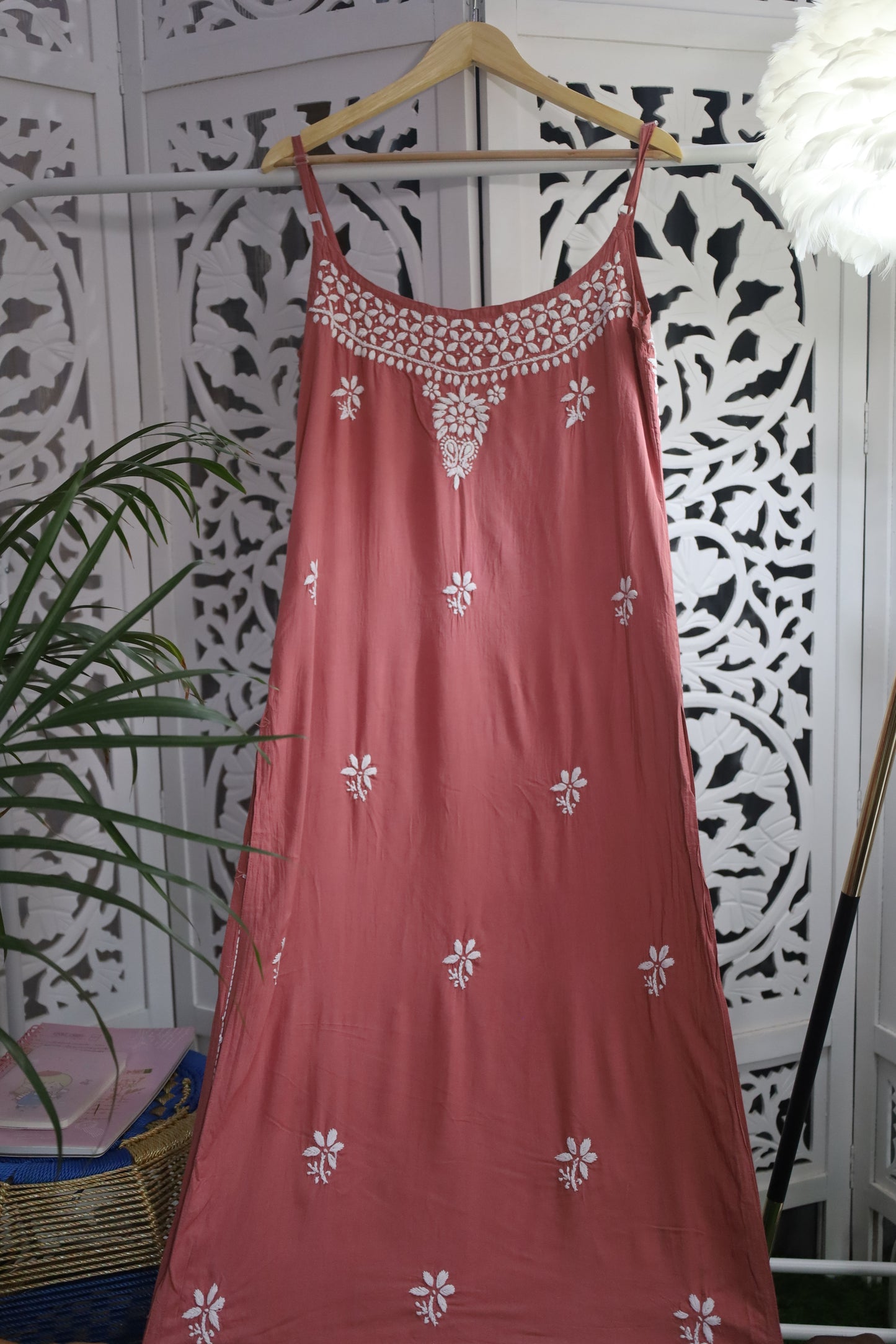 MODAL CHIKANKARI NOODLE STRAP KURTA- BROWN