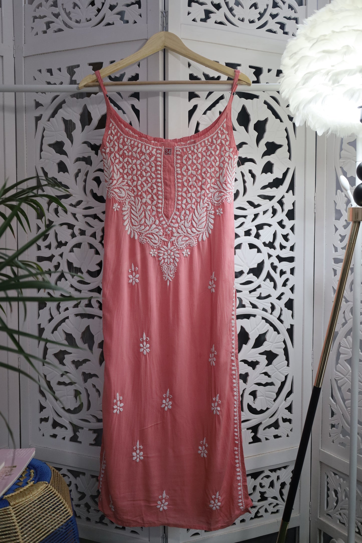 MODAL CHIKANKARI NOODLE STRAP KURTA- PEACH