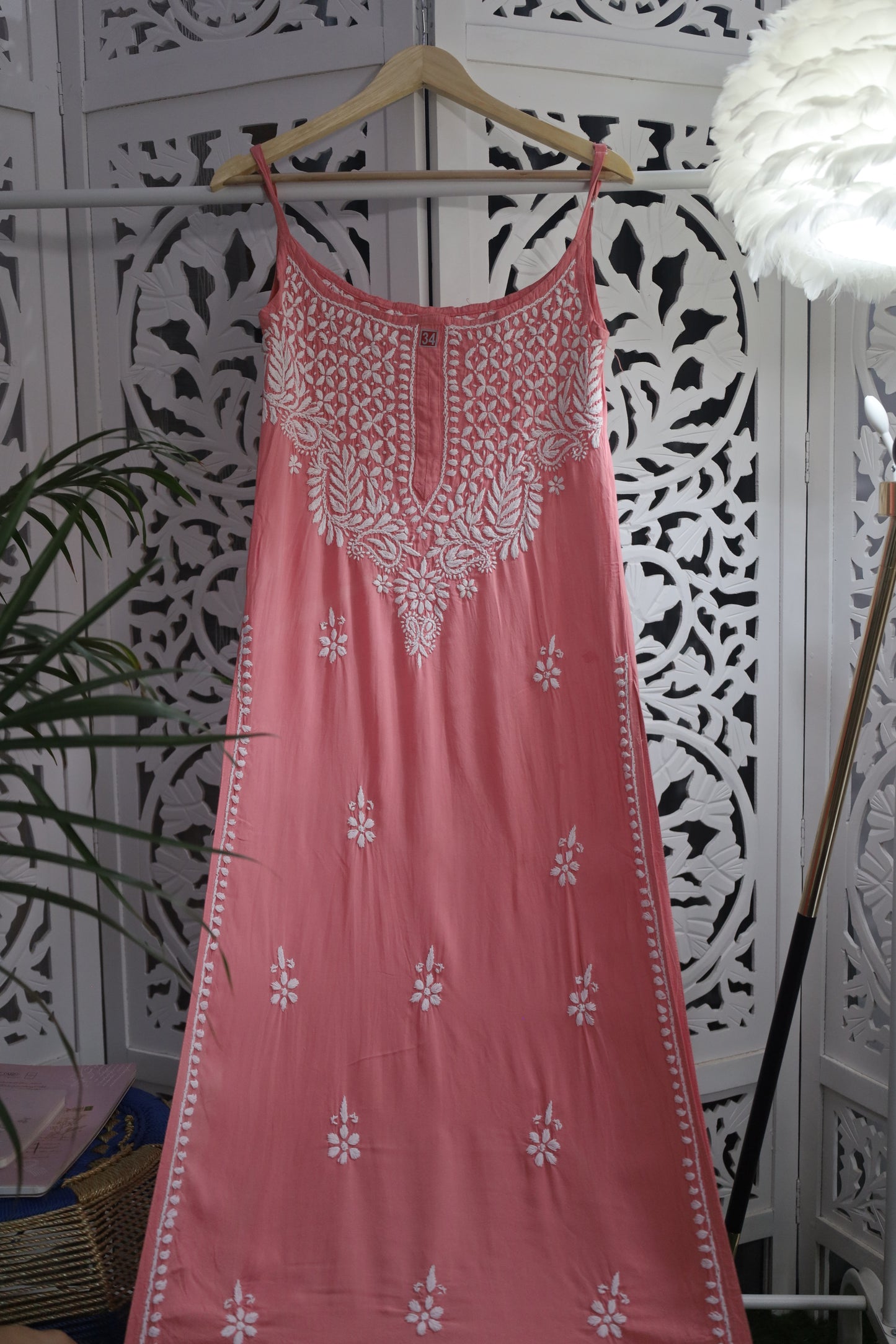 MODAL CHIKANKARI NOODLE STRAP KURTA- PEACH