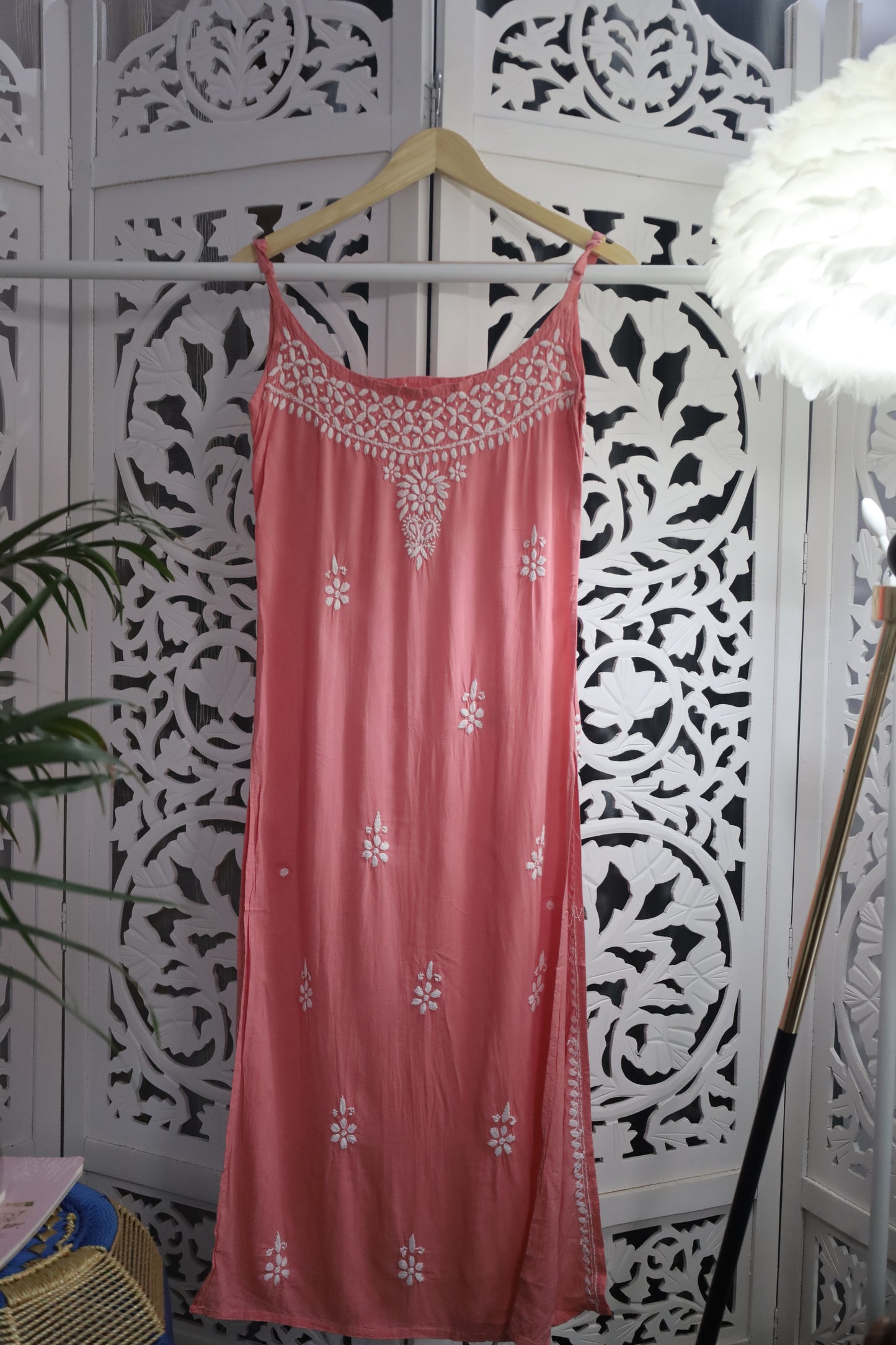 MODAL CHIKANKARI NOODLE STRAP KURTA- PEACH