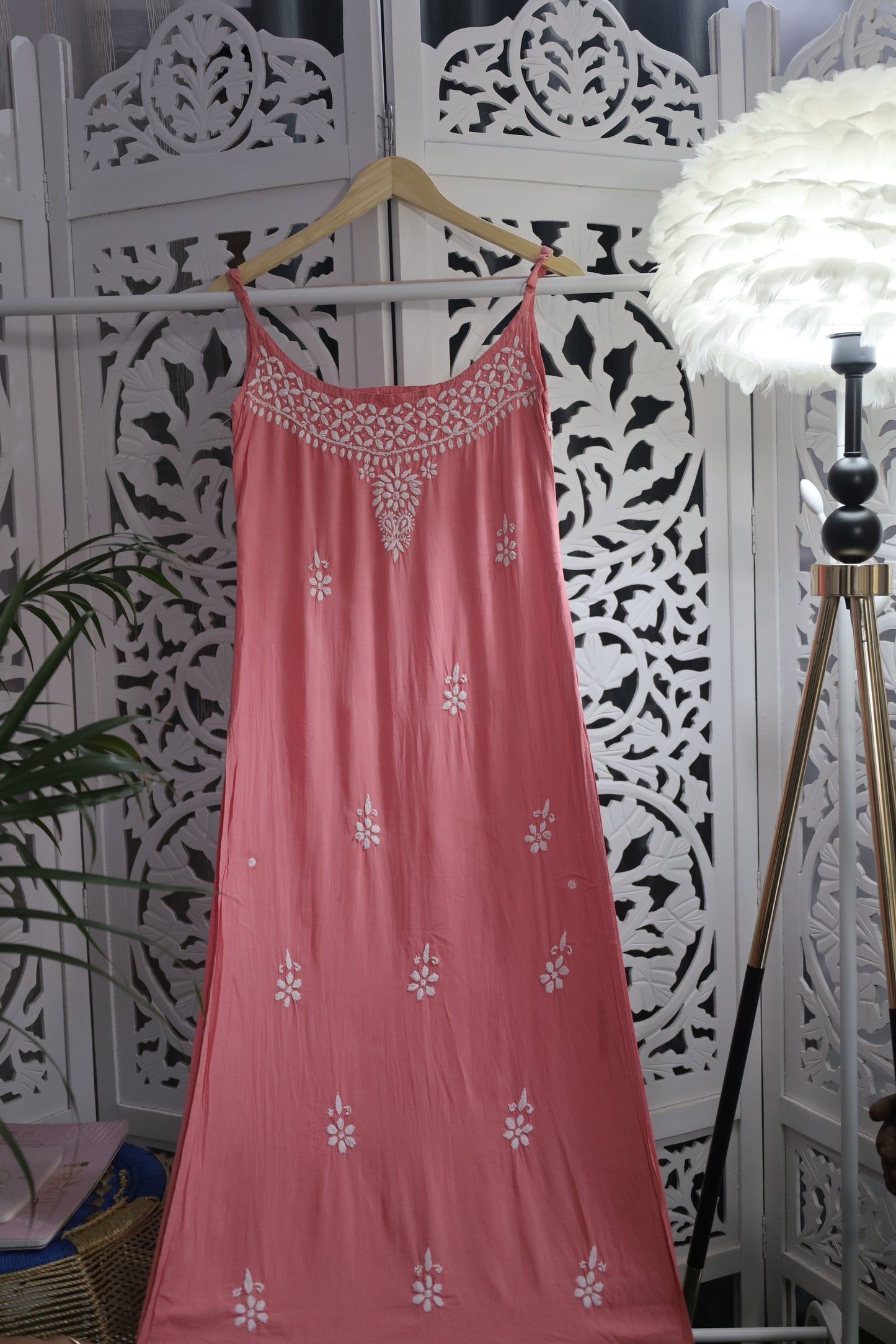 MODAL CHIKANKARI NOODLE STRAP KURTA- PEACH