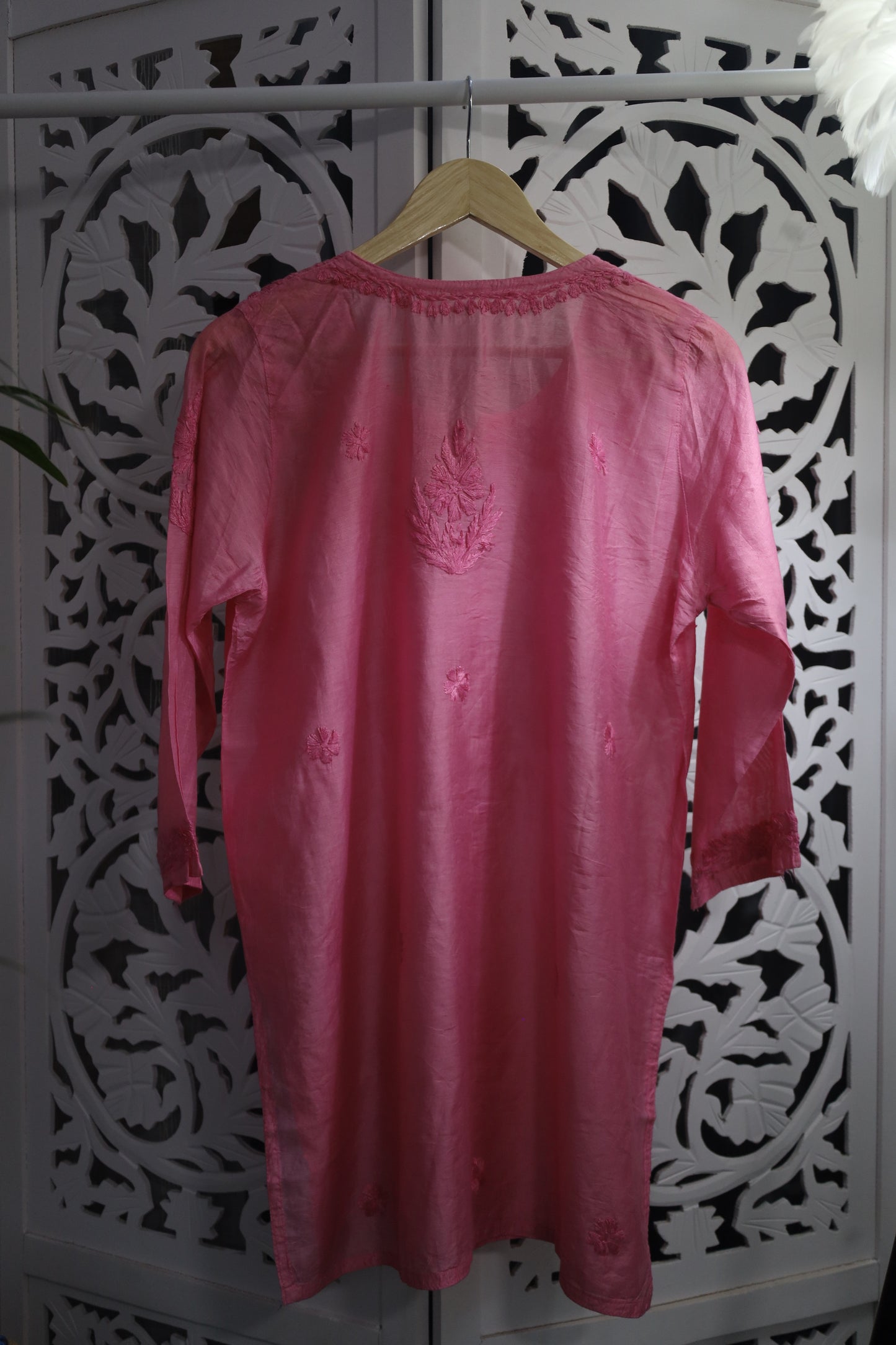 CHANDERI CHIKANKARI SHORT KURTA- PINK