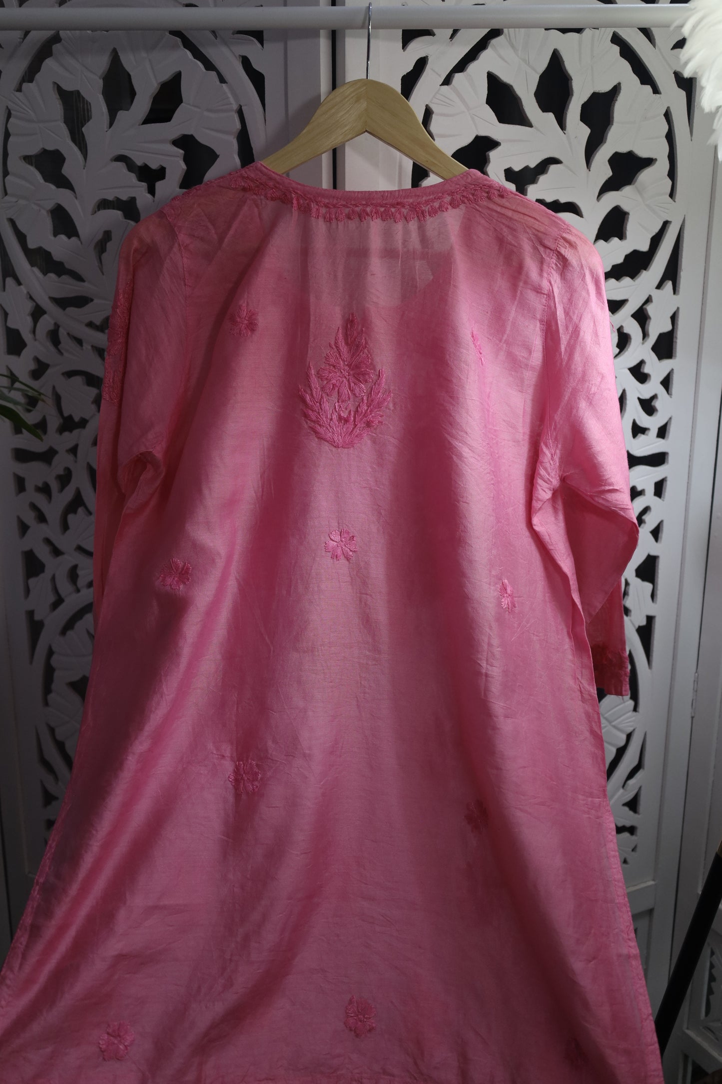 CHANDERI CHIKANKARI SHORT KURTA- PINK