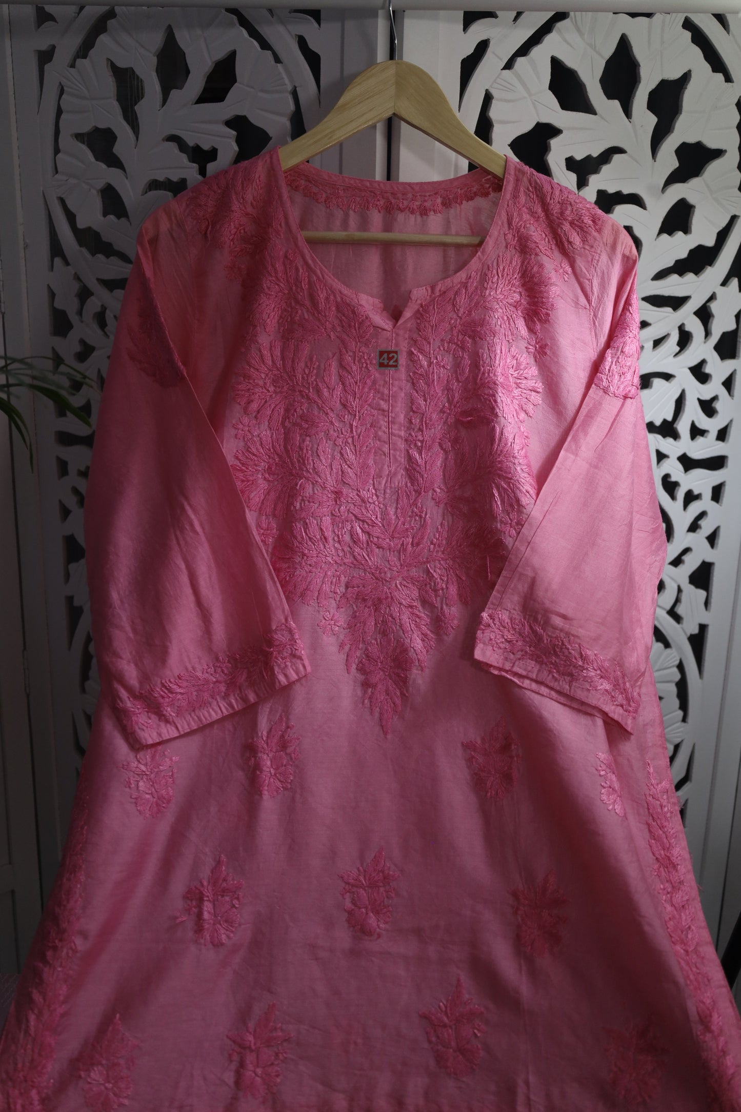 CHANDERI CHIKANKARI SHORT KURTA- PINK