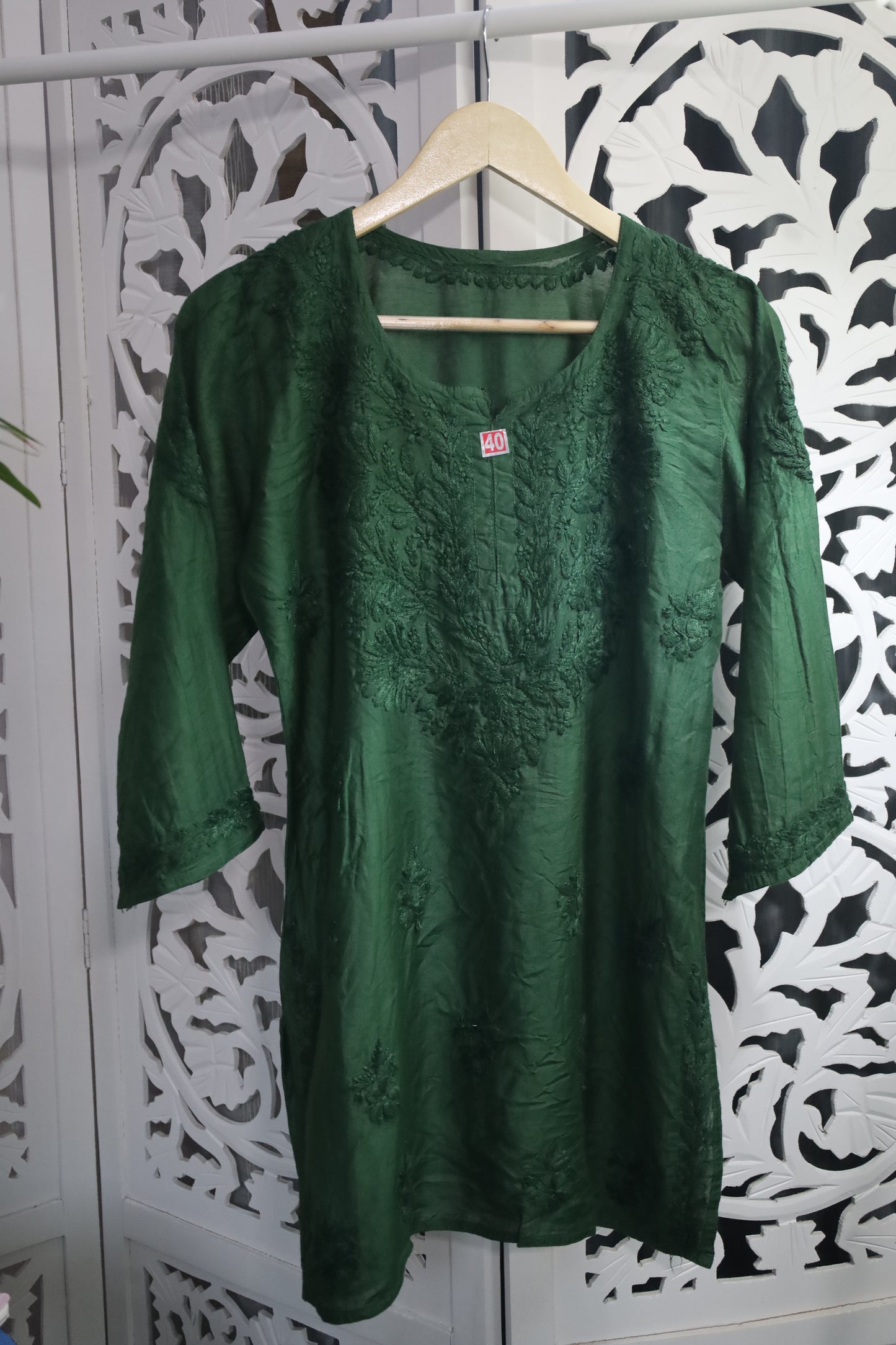 CHANDERI CHIKANKARI SHORT KURTA- DARK GREEN