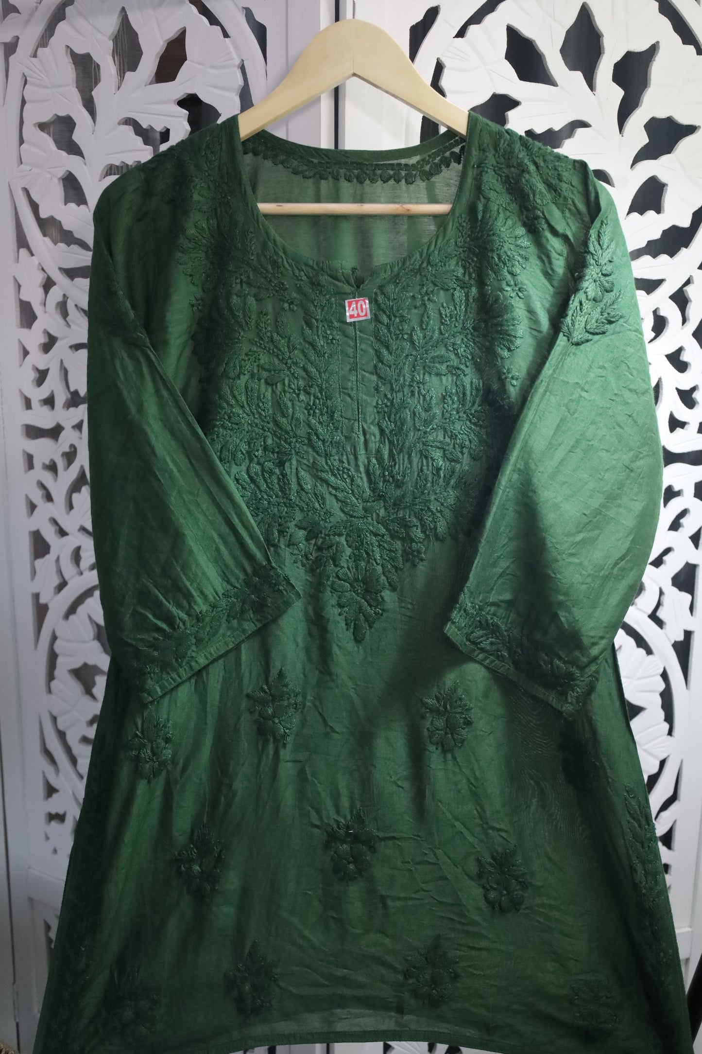 CHANDERI CHIKANKARI SHORT KURTA- DARK GREEN
