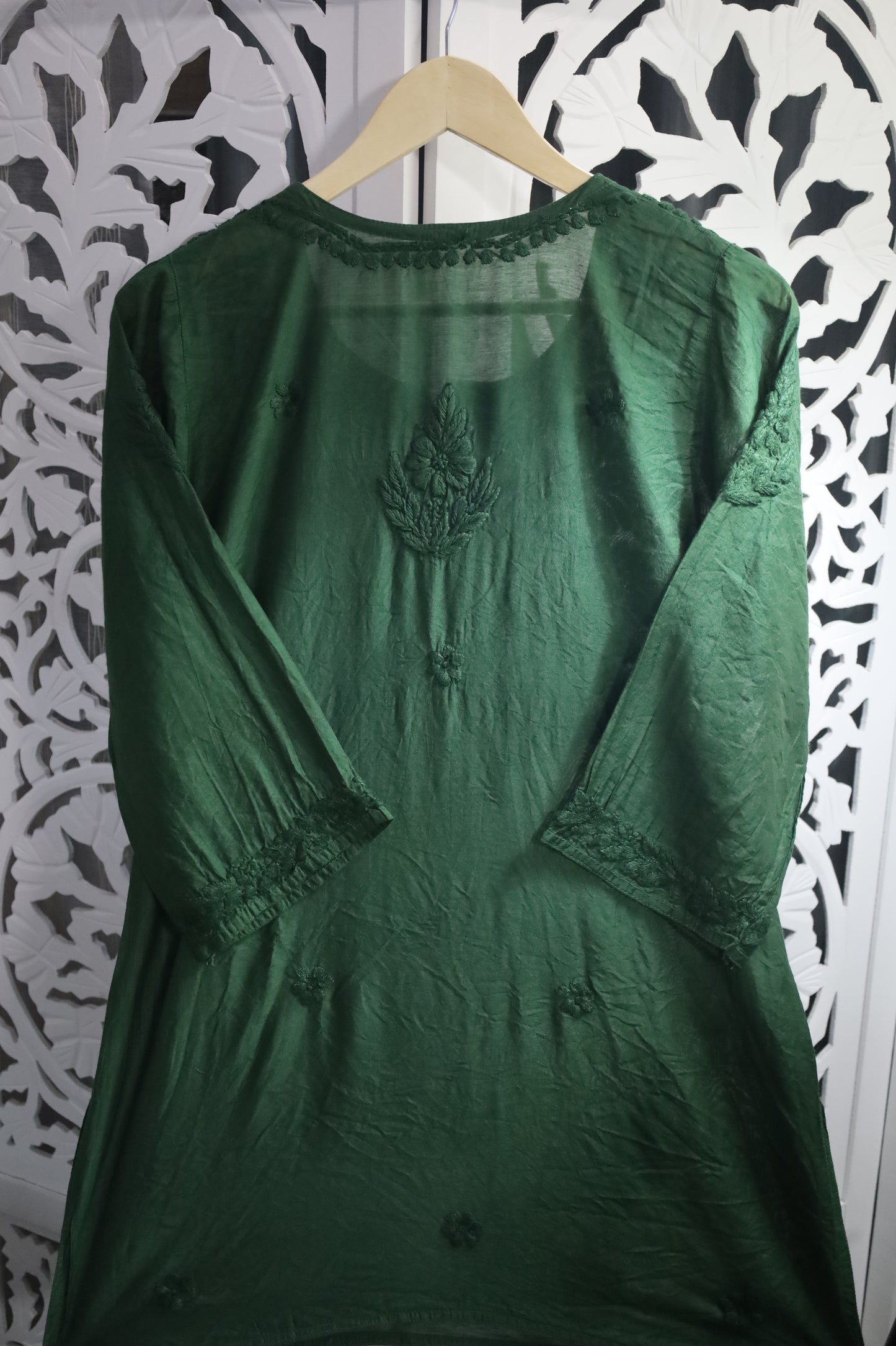 CHANDERI CHIKANKARI SHORT KURTA- DARK GREEN