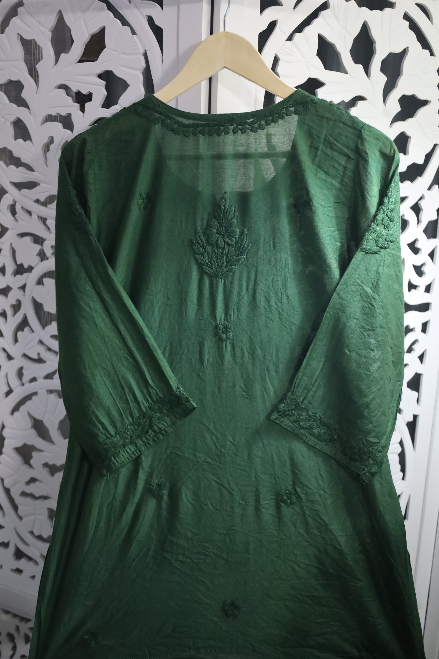 CHANDERI CHIKANKARI SHORT KURTA- DARK GREEN