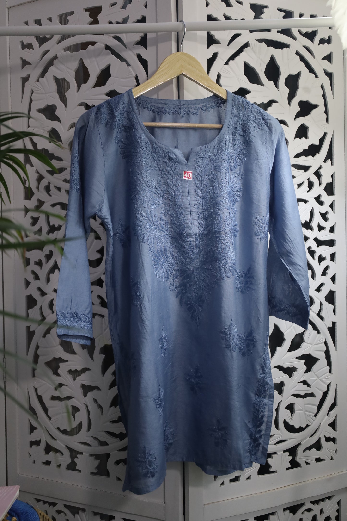 CHANDERI CHIKANKARI SHORT KURTA- BLUE