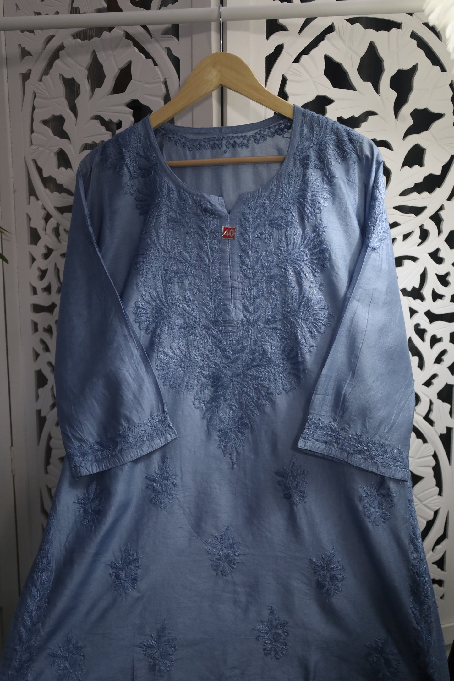 CHANDERI CHIKANKARI SHORT KURTA- BLUE