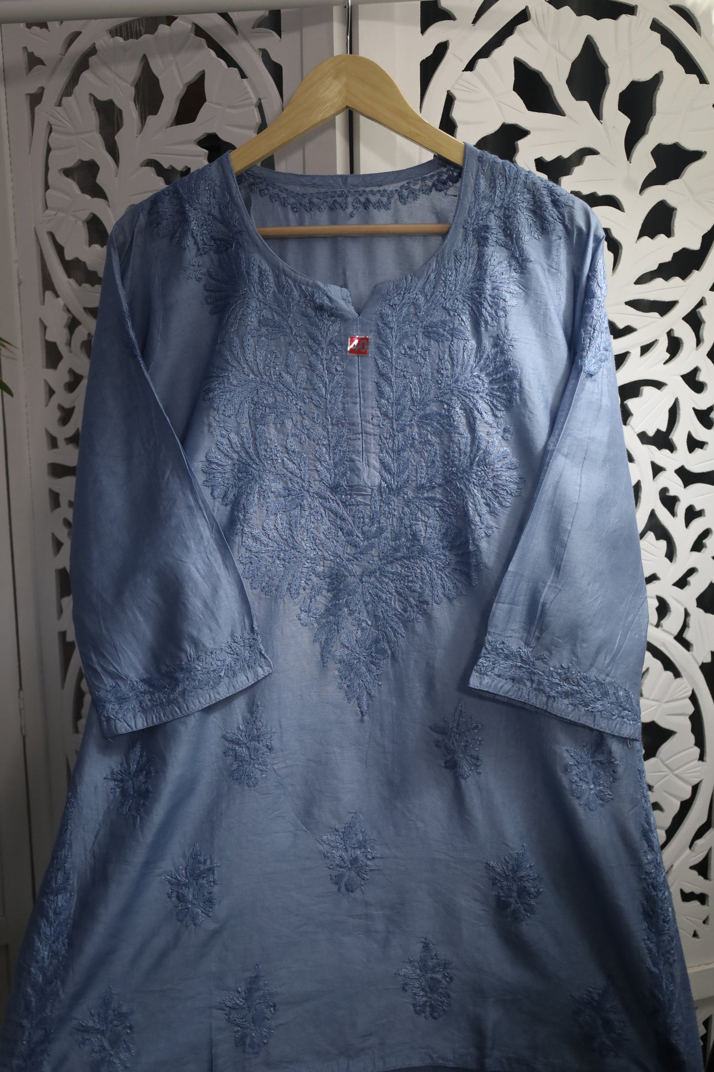 CHANDERI CHIKANKARI SHORT KURTA- BLUE