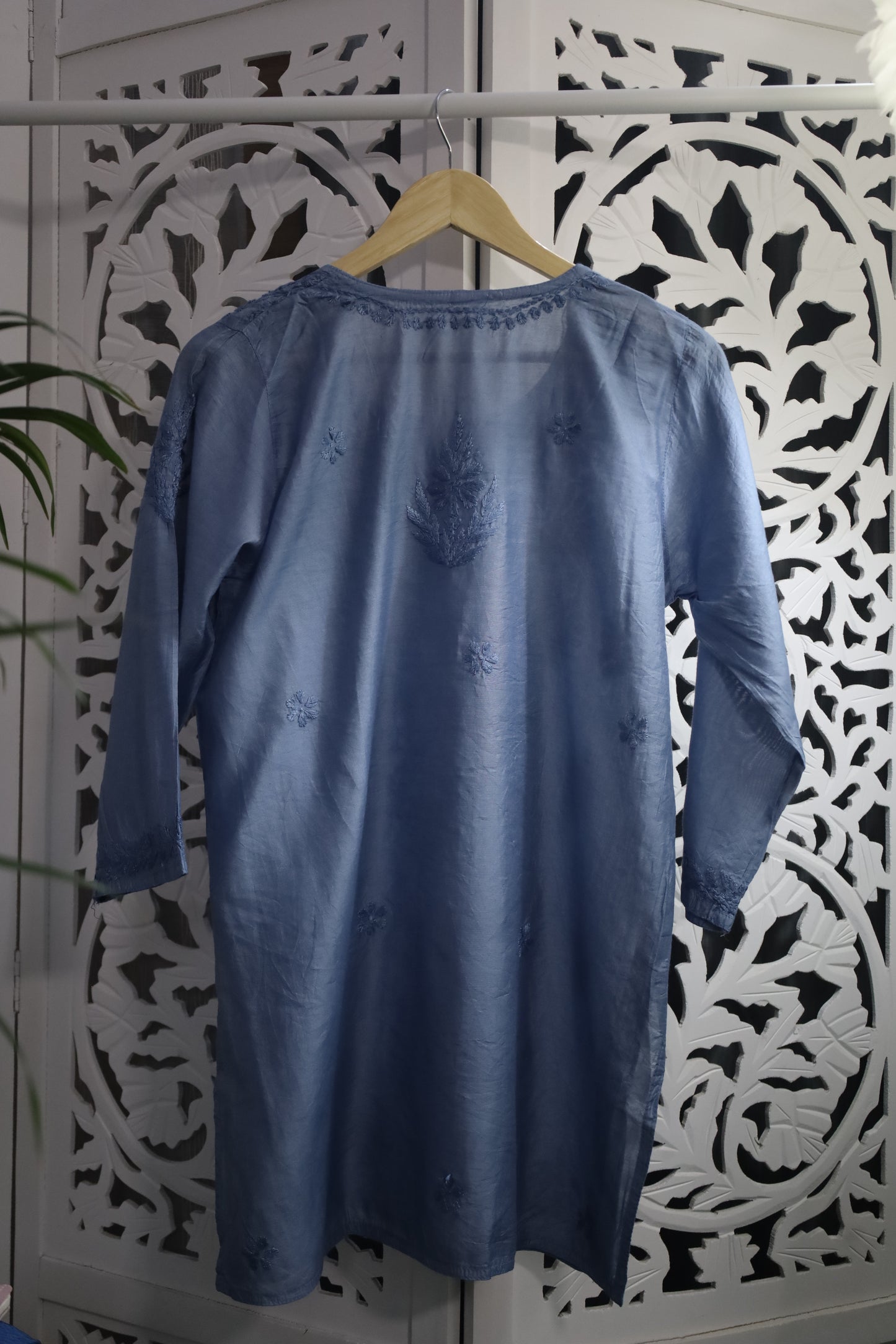 CHANDERI CHIKANKARI SHORT KURTA- BLUE