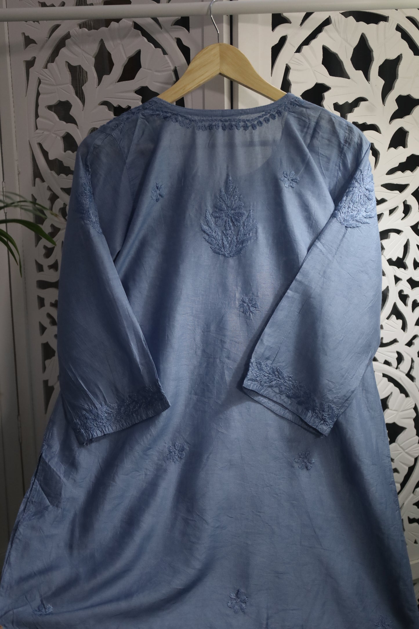 CHANDERI CHIKANKARI SHORT KURTA- BLUE