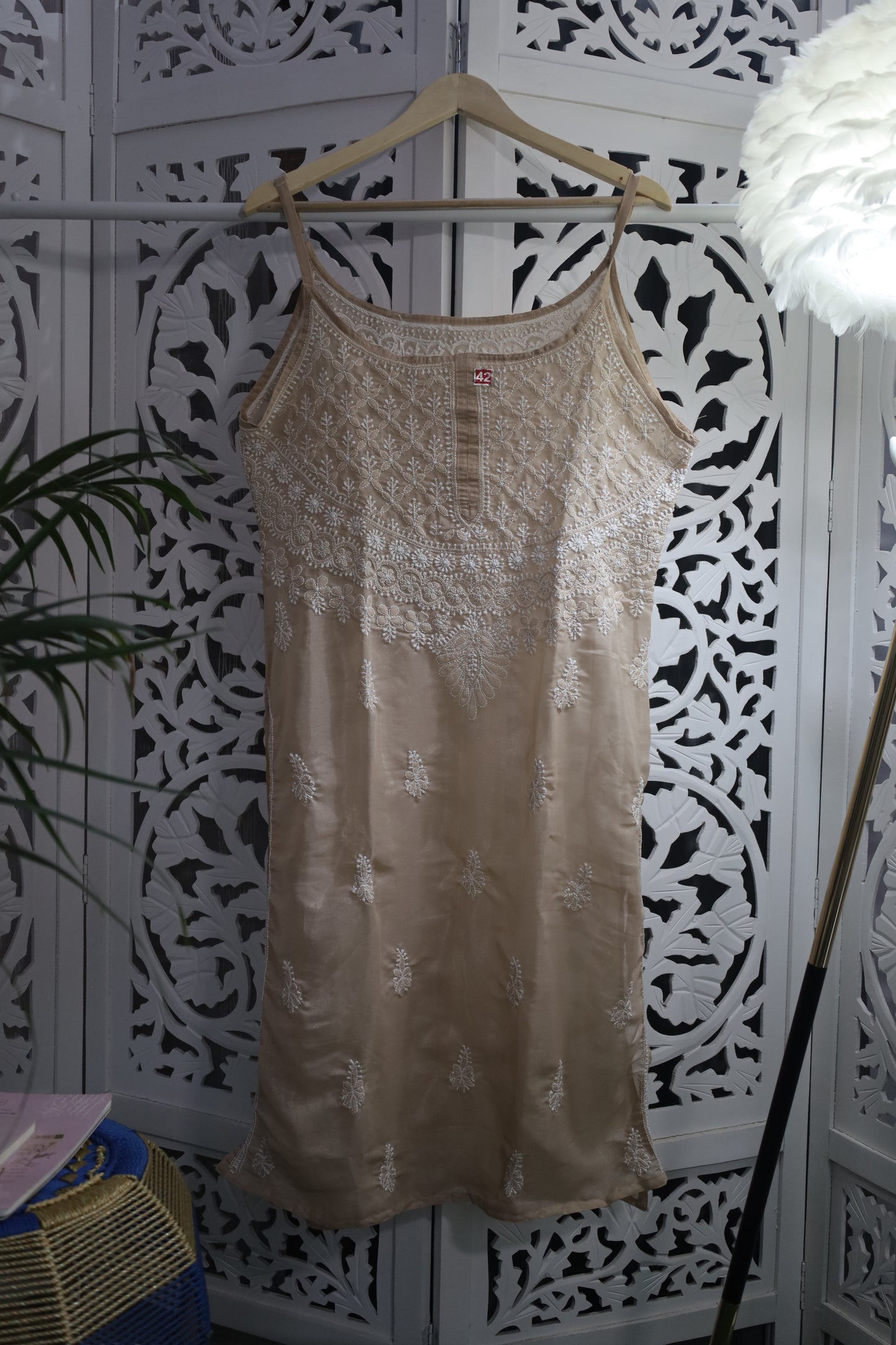 SHIMMER SILK CHIKANKARI NOODLE STRAP KURTA- PASTEL BROWN