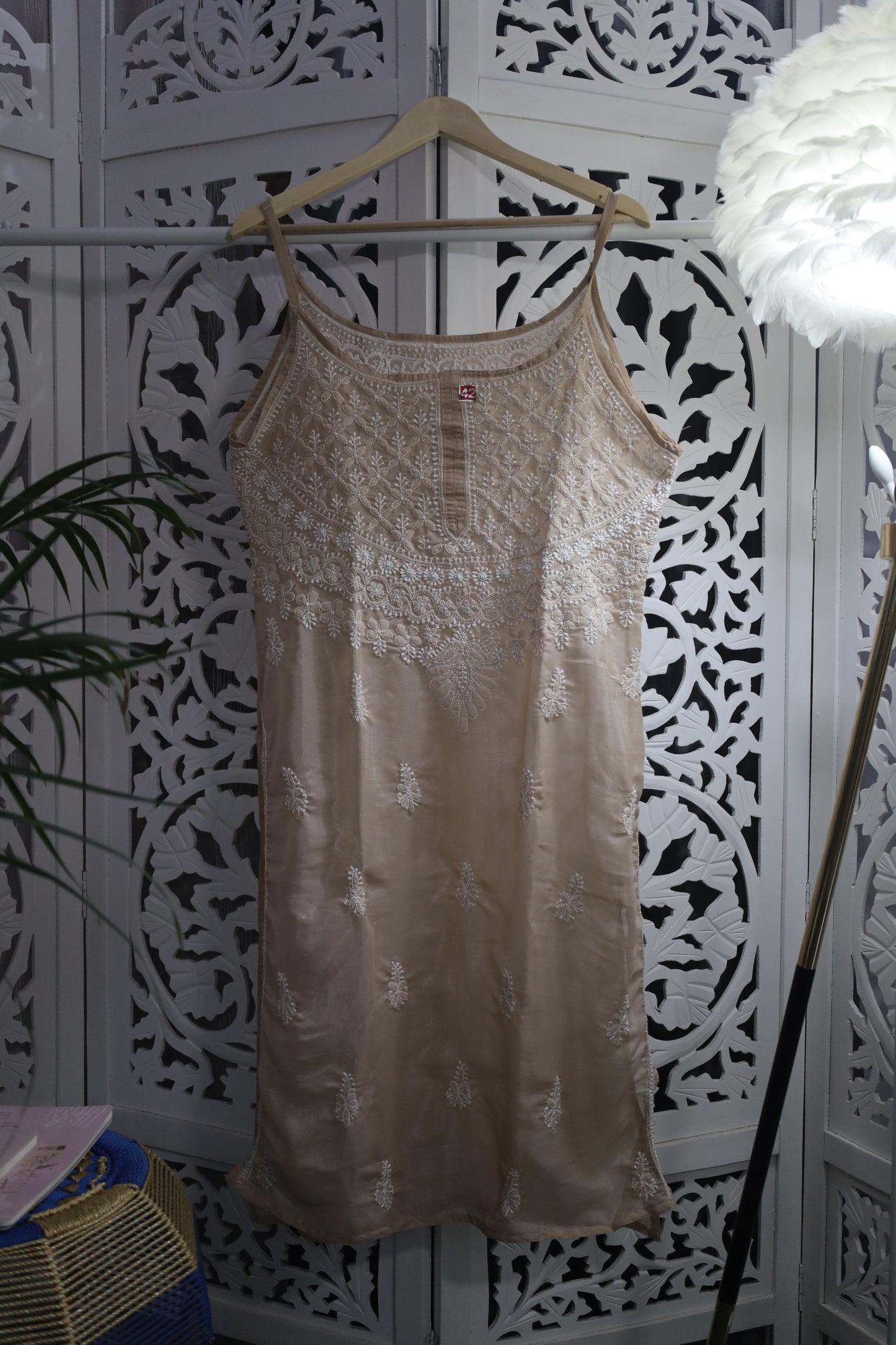 SHIMMER SILK CHIKANKARI NOODLE STRAP KURTA- PASTEL BROWN