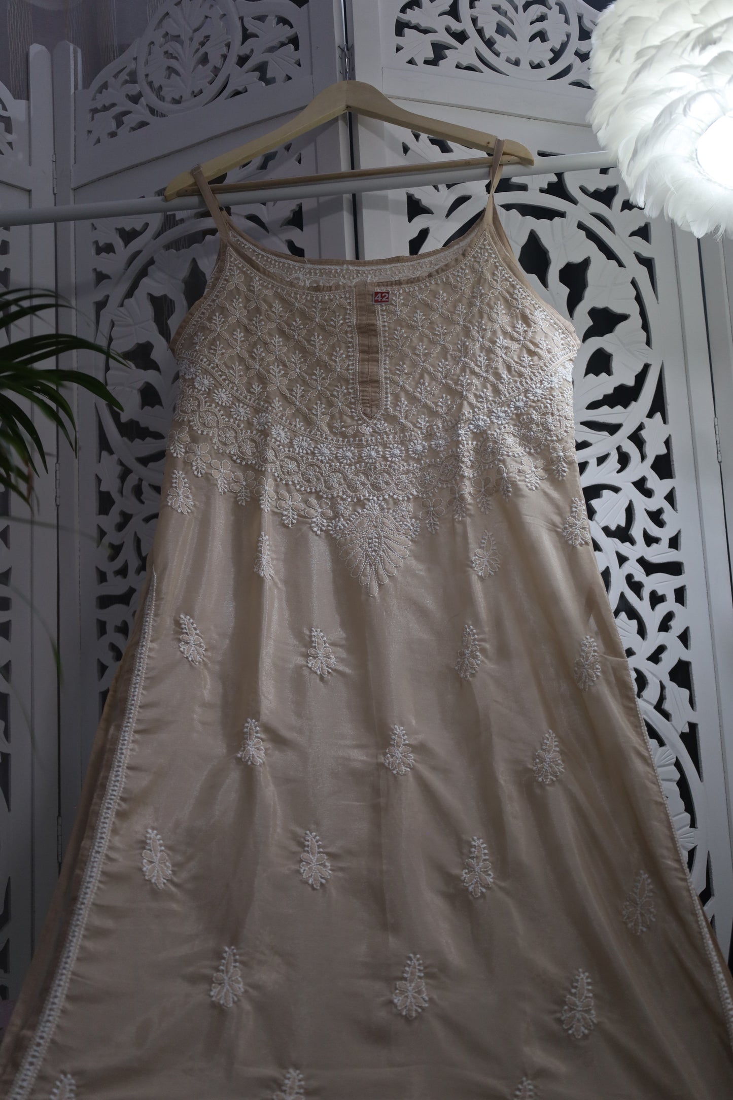 SHIMMER SILK CHIKANKARI NOODLE STRAP KURTA- PASTEL BROWN