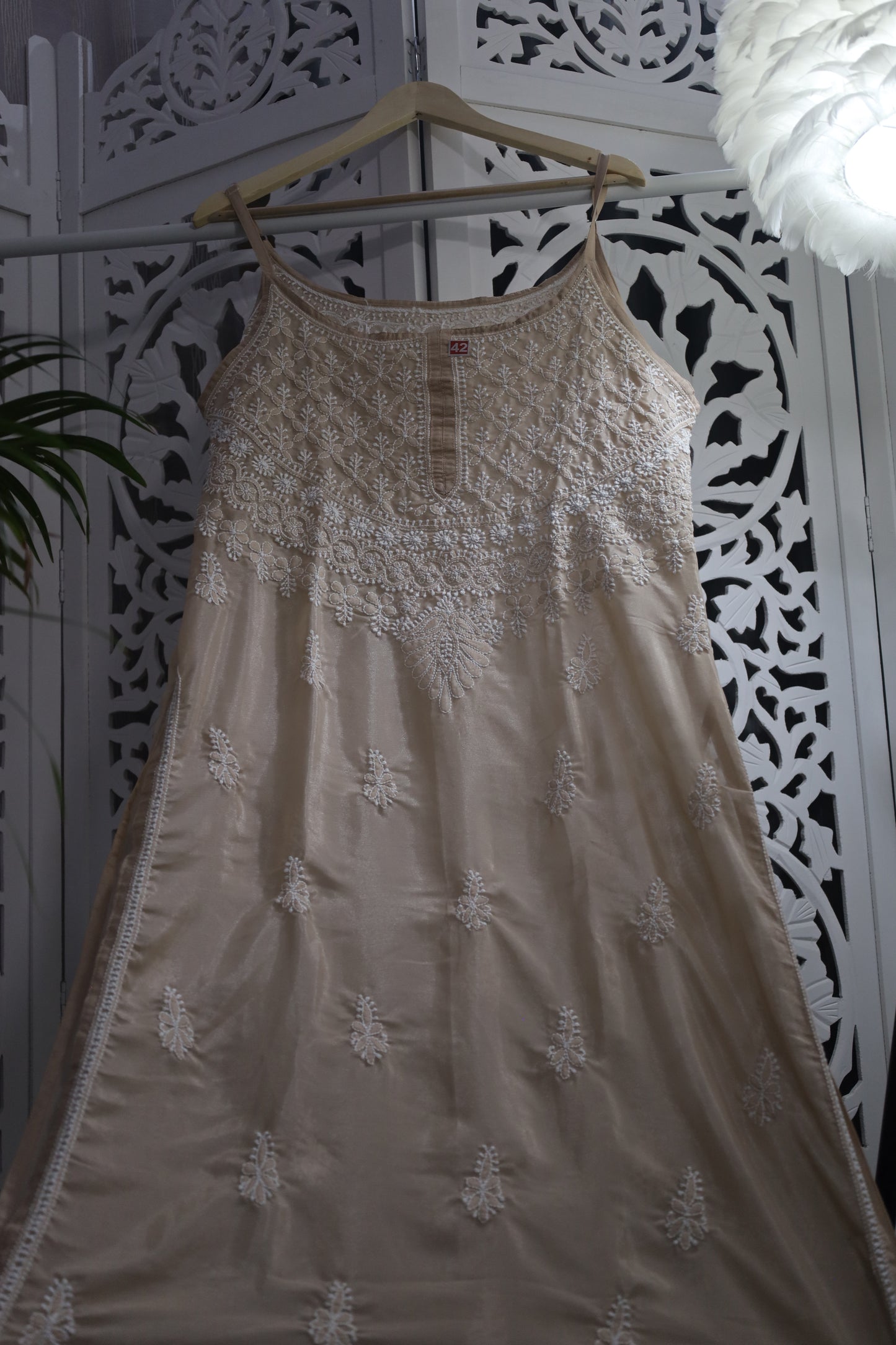 SHIMMER SILK CHIKANKARI NOODLE STRAP KURTA- PASTEL BROWN