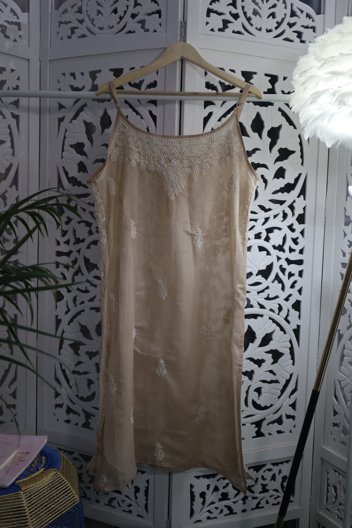 SHIMMER SILK CHIKANKARI NOODLE STRAP KURTA- PASTEL BROWN