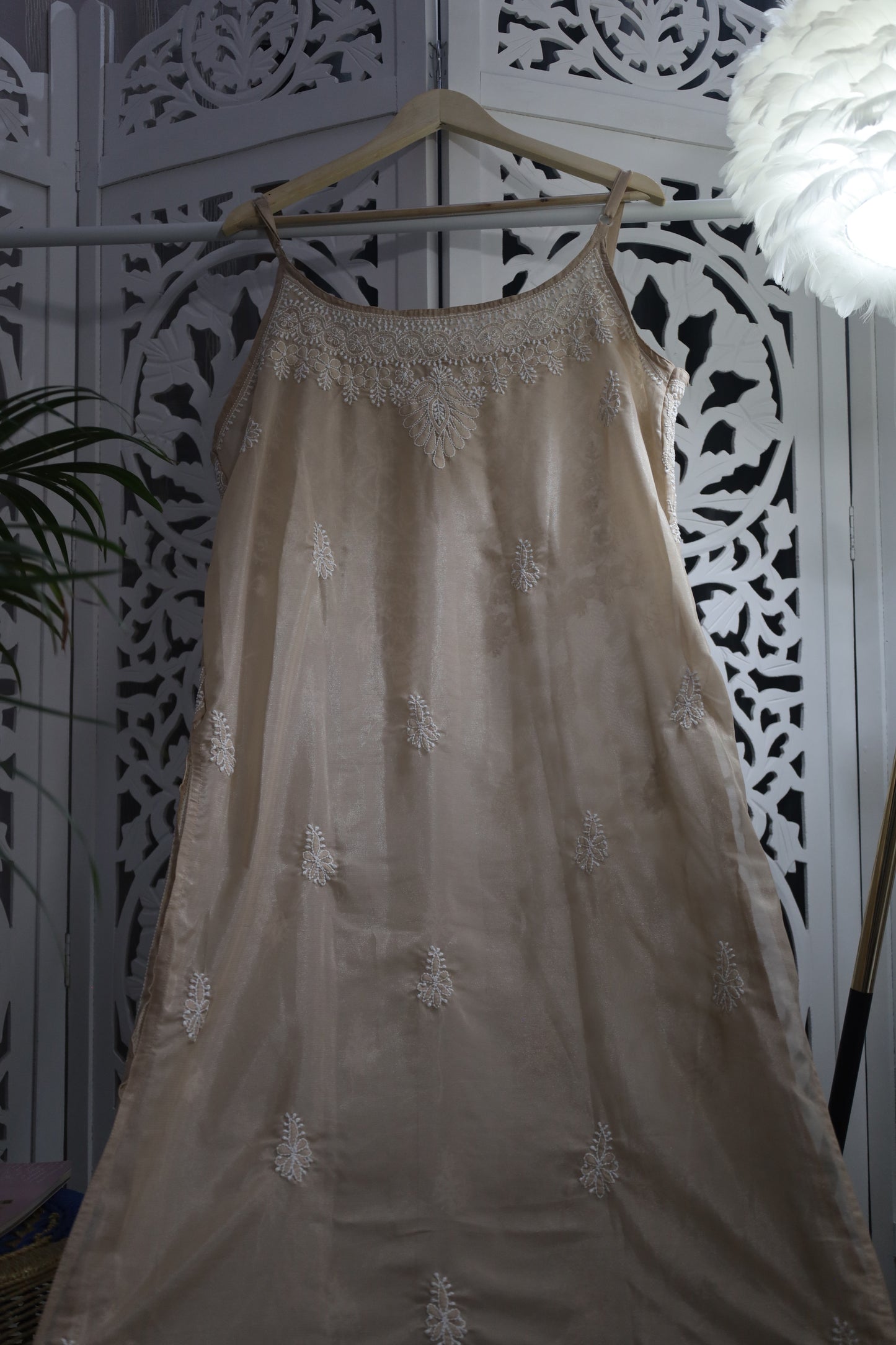SHIMMER SILK CHIKANKARI NOODLE STRAP KURTA- PASTEL BROWN