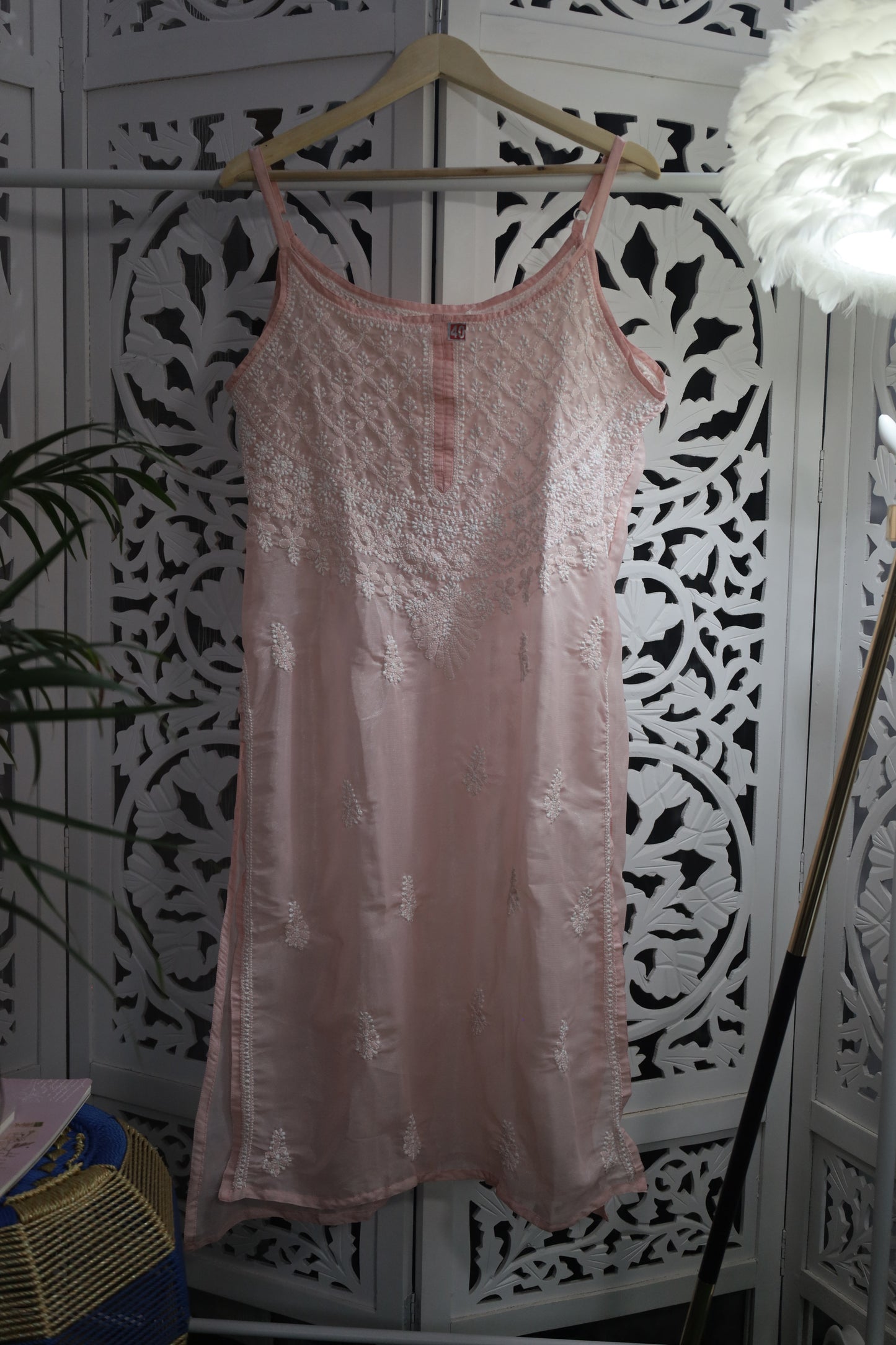 SHIMMER SILK CHIKANKARI NOODLE STRAP KURTA- BABY PINK