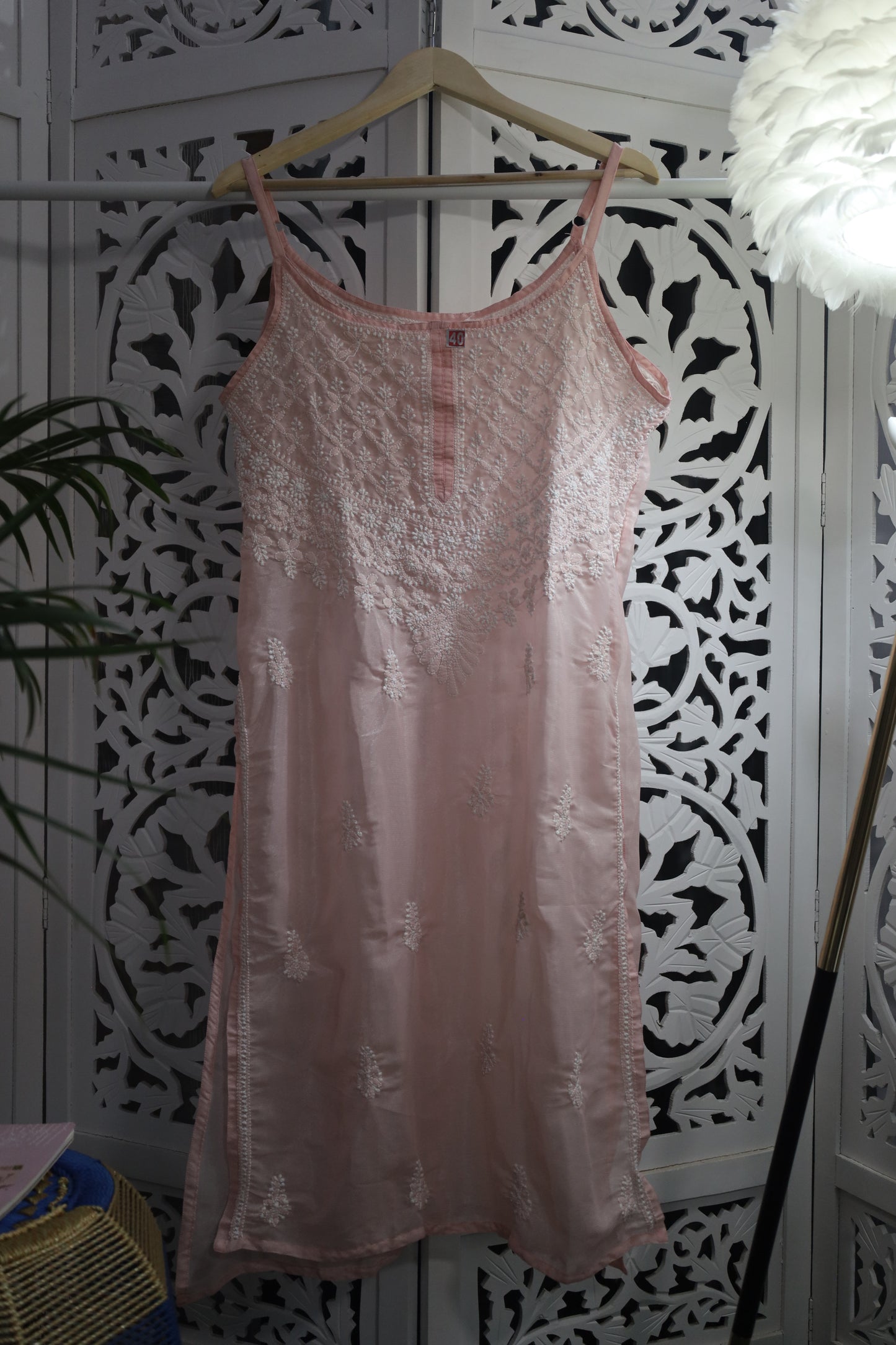 SHIMMER SILK CHIKANKARI NOODLE STRAP KURTA- BABY PINK
