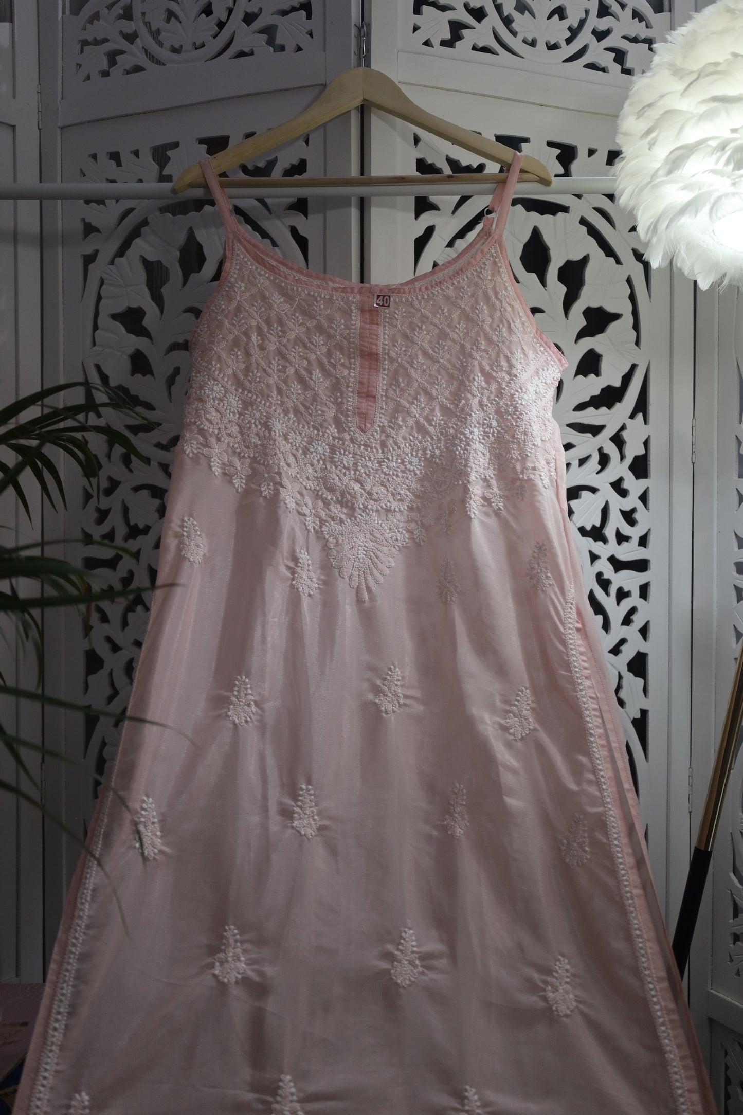 SHIMMER SILK CHIKANKARI NOODLE STRAP KURTA- BABY PINK