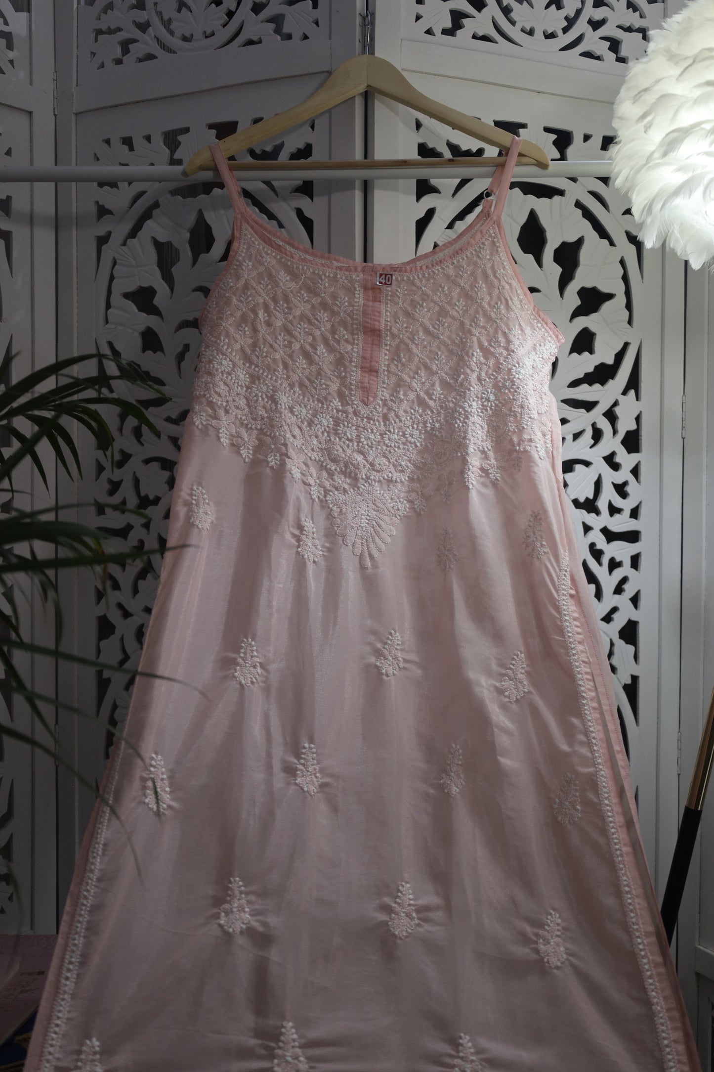 SHIMMER SILK CHIKANKARI NOODLE STRAP KURTA- BABY PINK