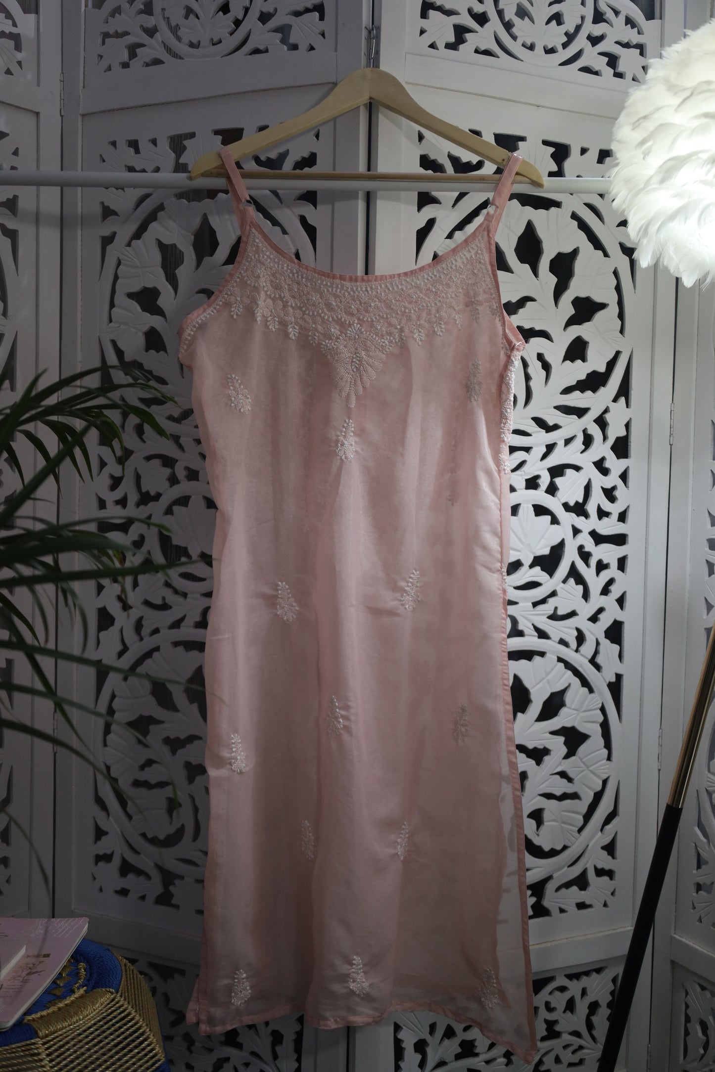 SHIMMER SILK CHIKANKARI NOODLE STRAP KURTA- BABY PINK