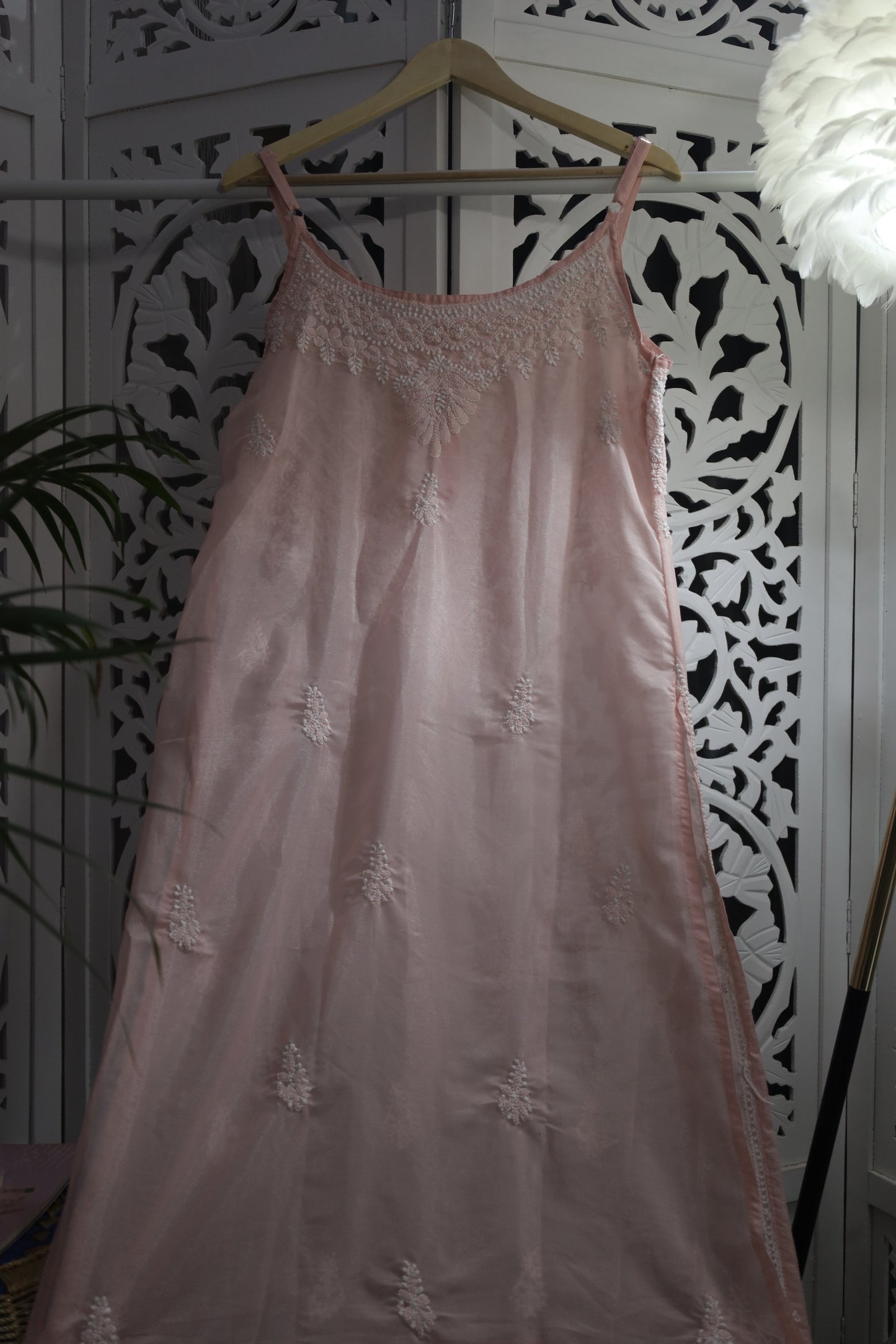 SHIMMER SILK CHIKANKARI NOODLE STRAP KURTA- BABY PINK