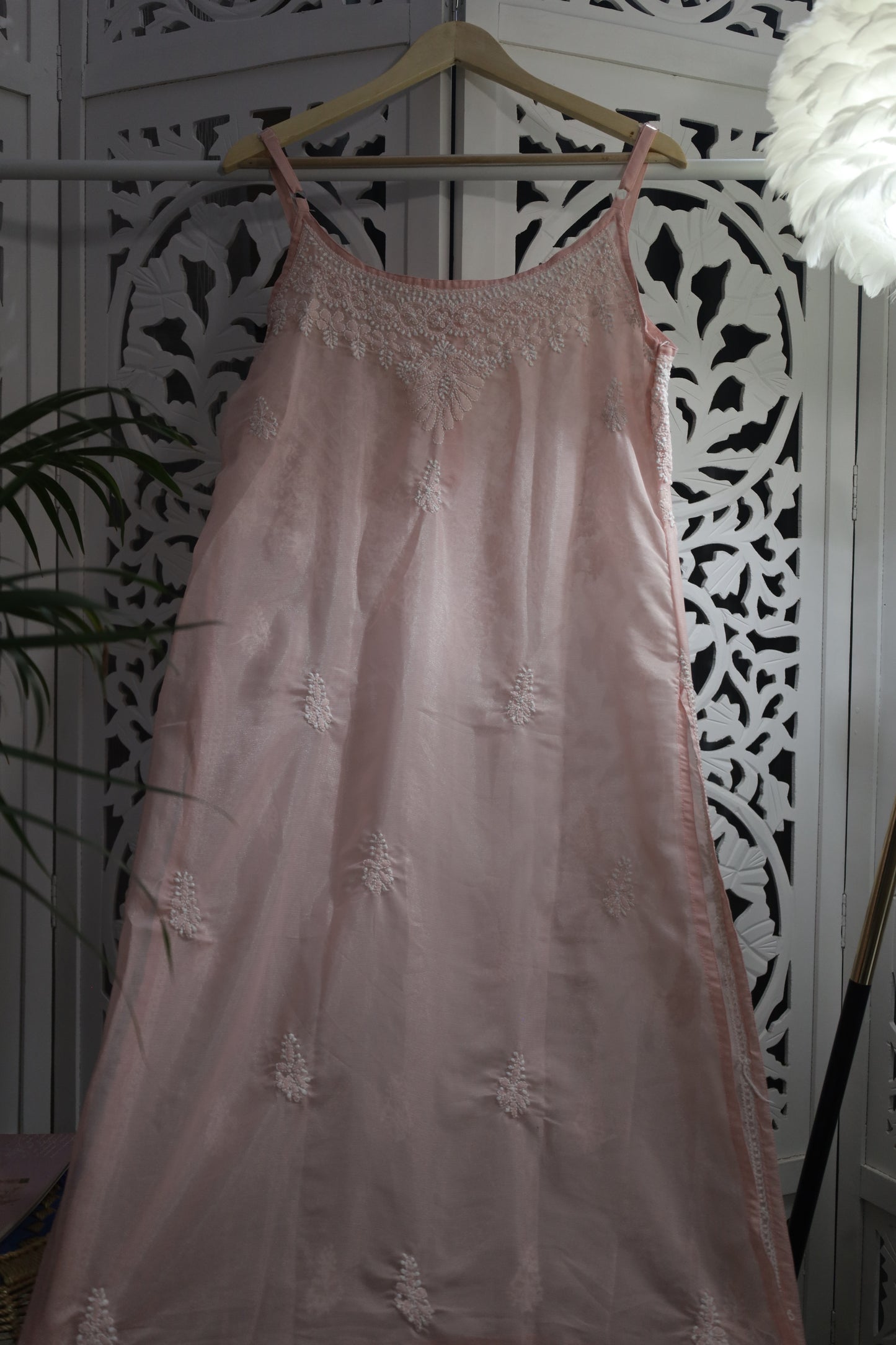 SHIMMER SILK CHIKANKARI NOODLE STRAP KURTA- BABY PINK