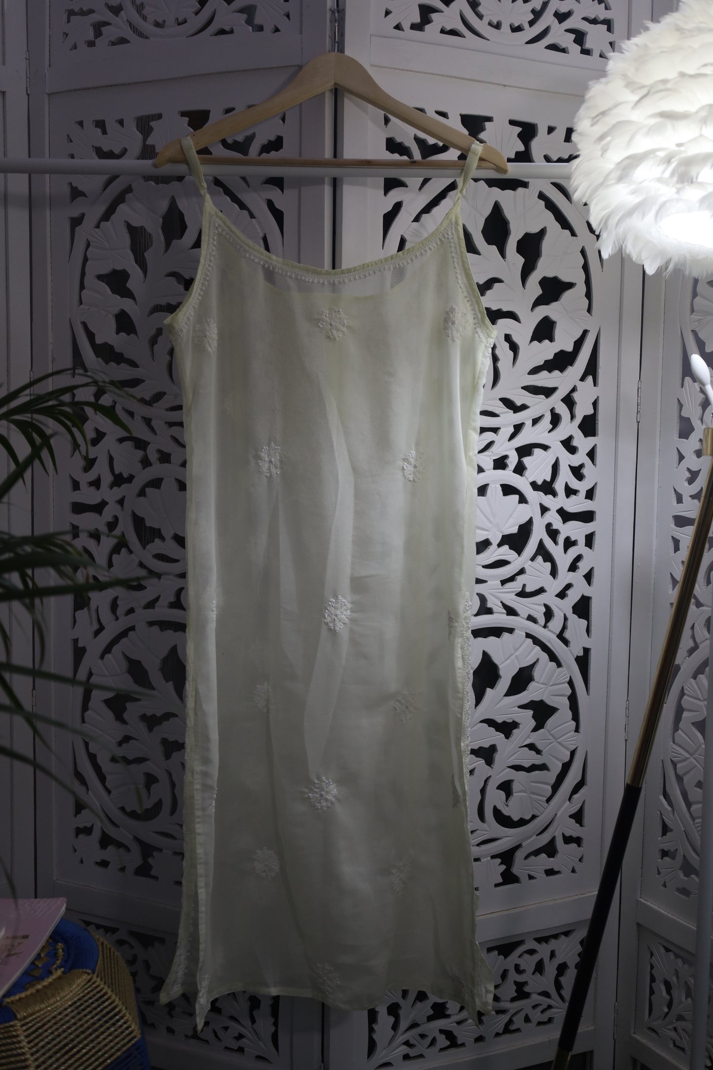 SHIMMER SILK CHIKANKARI NOODLE STRAP KURTA- PASTEL YELLOW