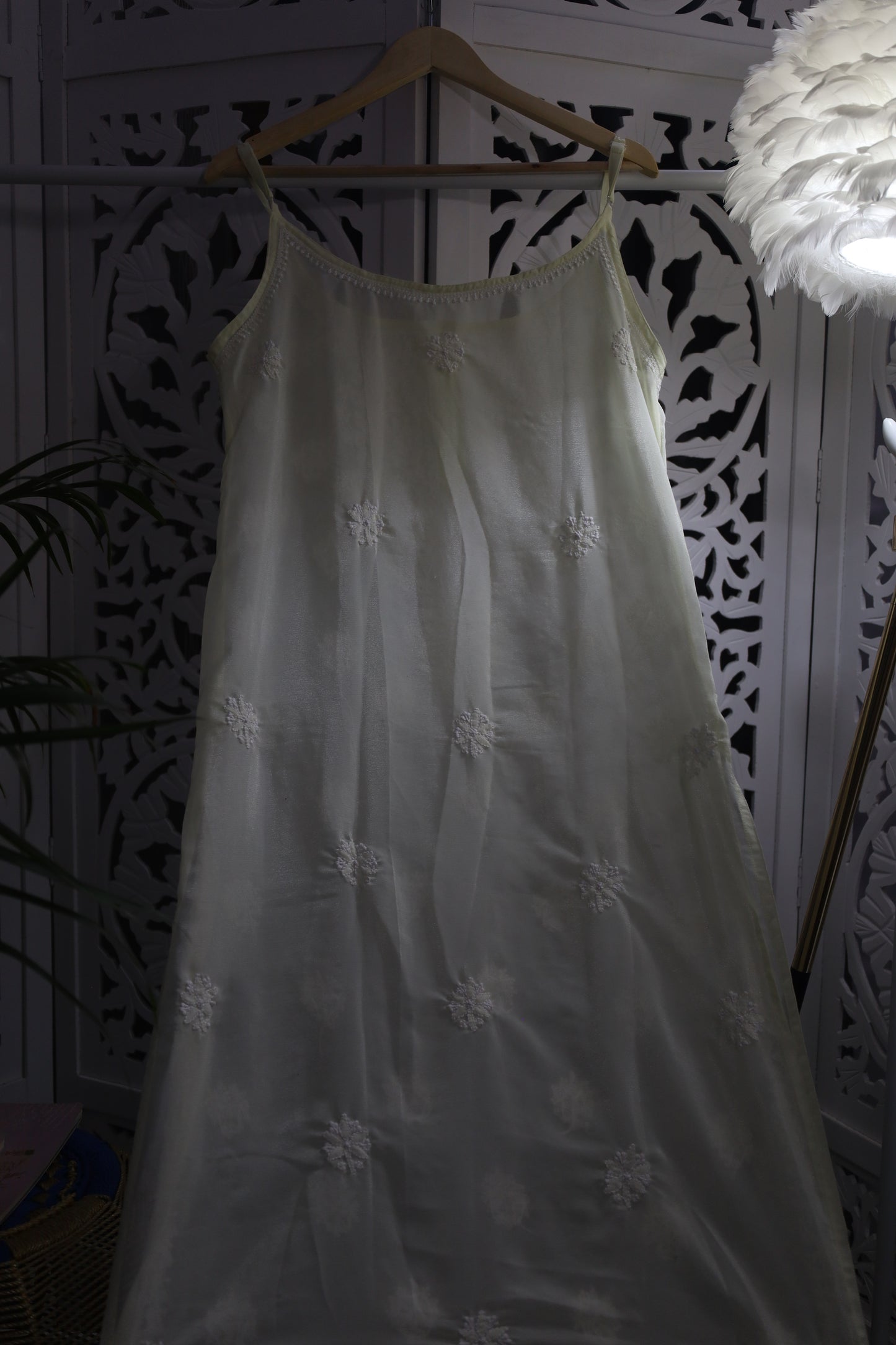 SHIMMER SILK CHIKANKARI NOODLE STRAP KURTA- PASTEL YELLOW