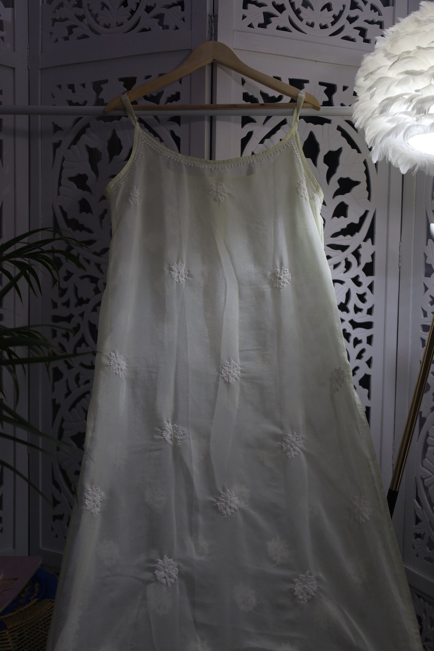 SHIMMER SILK CHIKANKARI NOODLE STRAP KURTA- PASTEL YELLOW