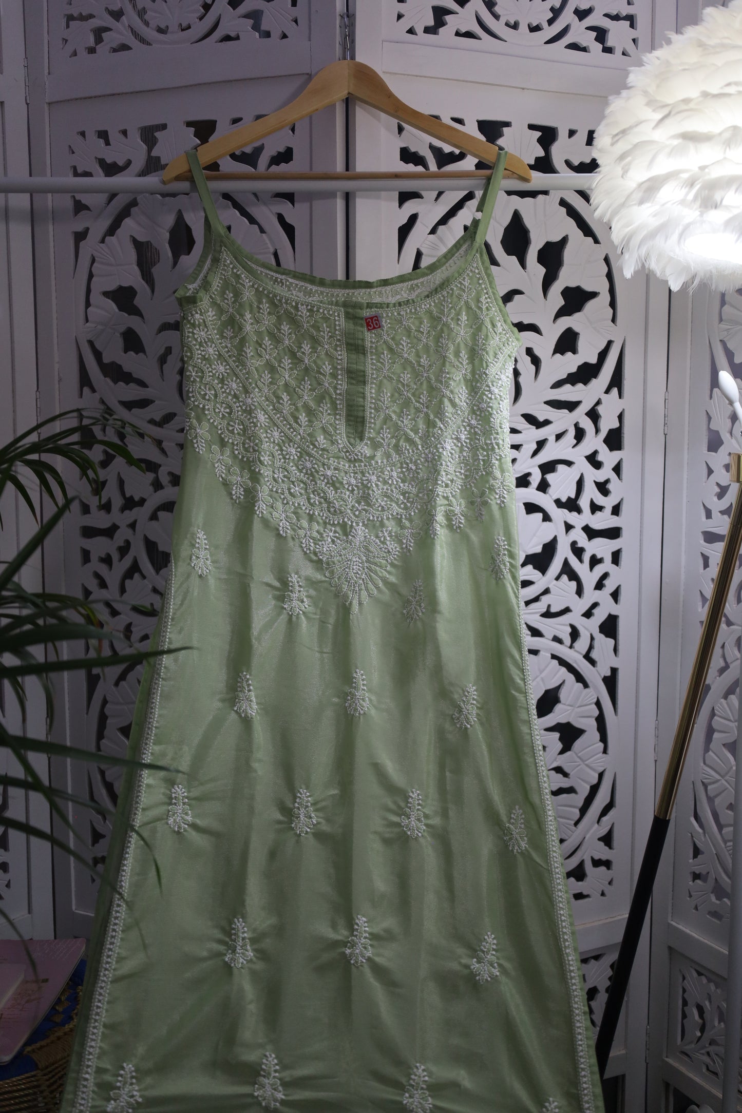 SHIMMER SILK CHIKANKARI NOODLE STRAP KURTA- GREEN