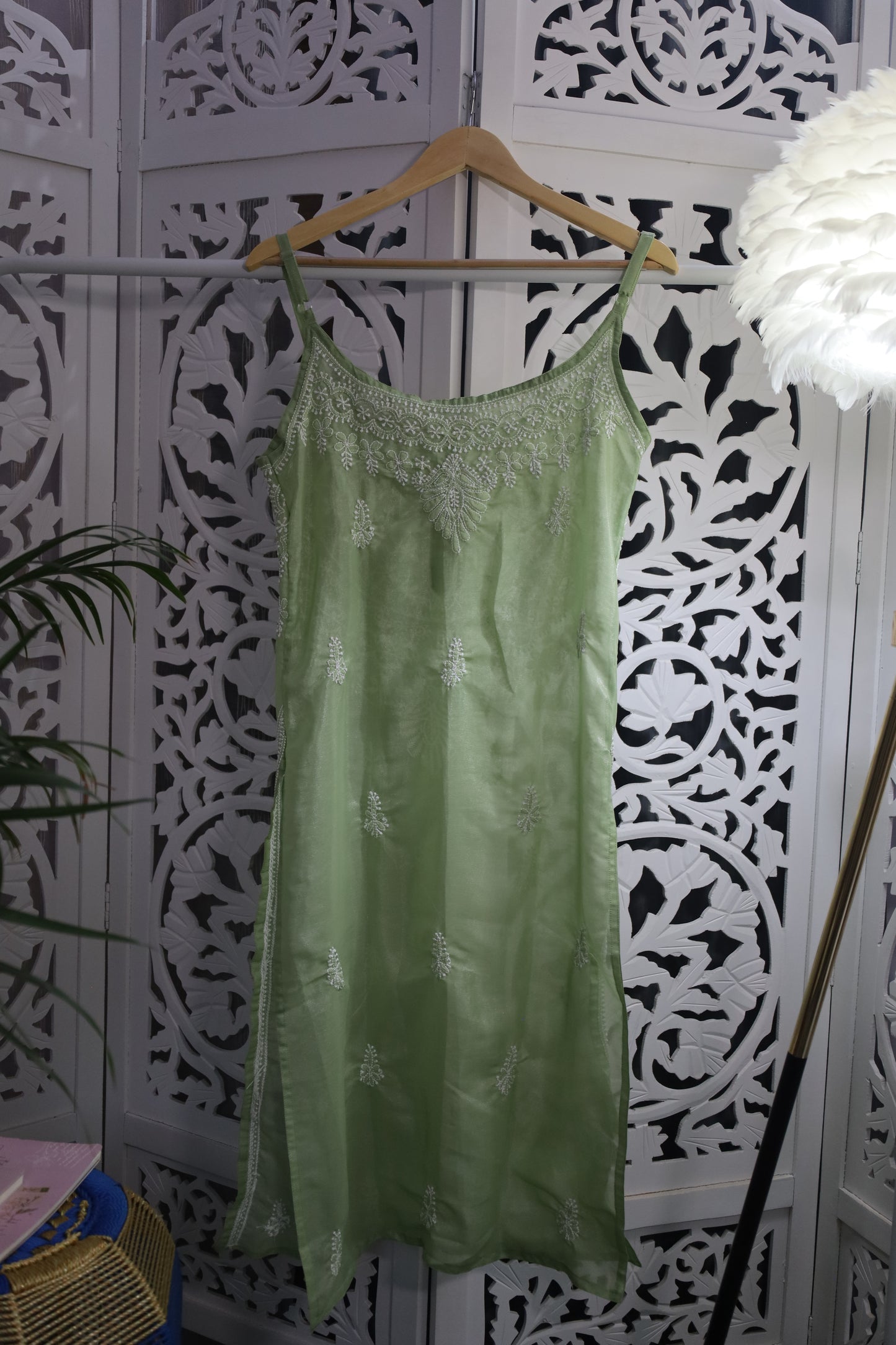 SHIMMER SILK CHIKANKARI NOODLE STRAP KURTA- GREEN