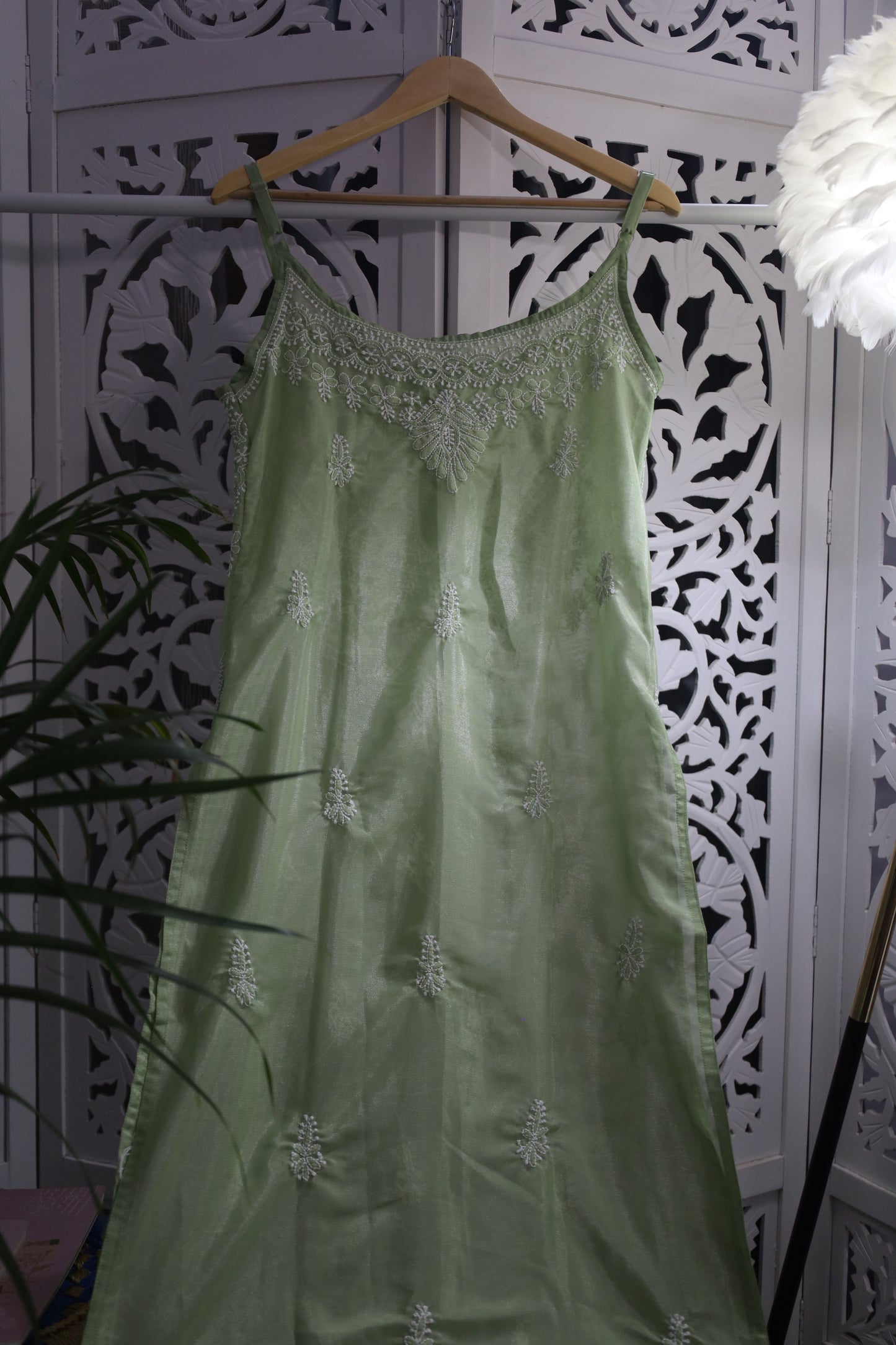 SHIMMER SILK CHIKANKARI NOODLE STRAP KURTA- GREEN