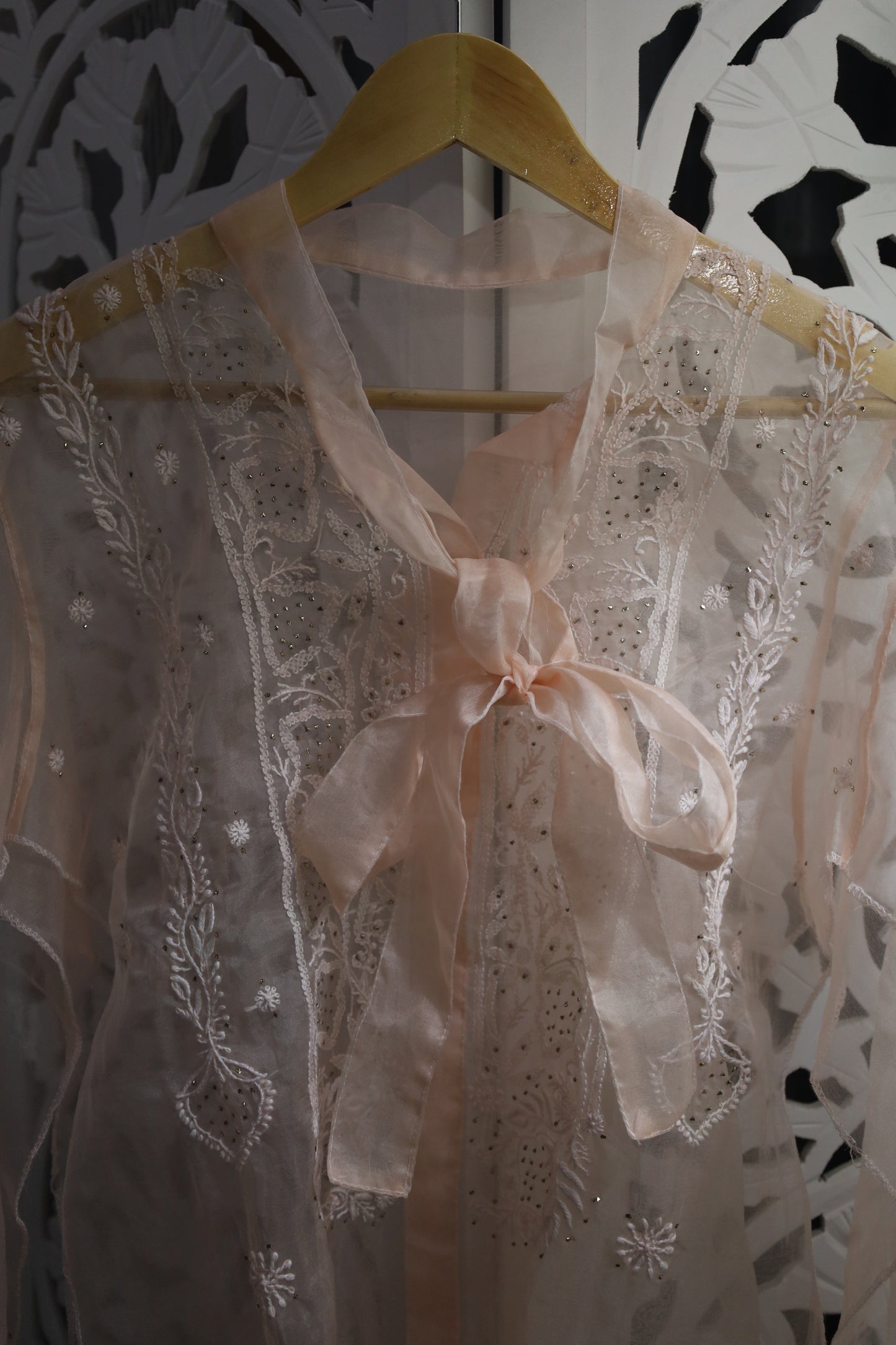 ORGANZA MUKAISH CHIKANKARI SHIRT- PASTEL PEACH