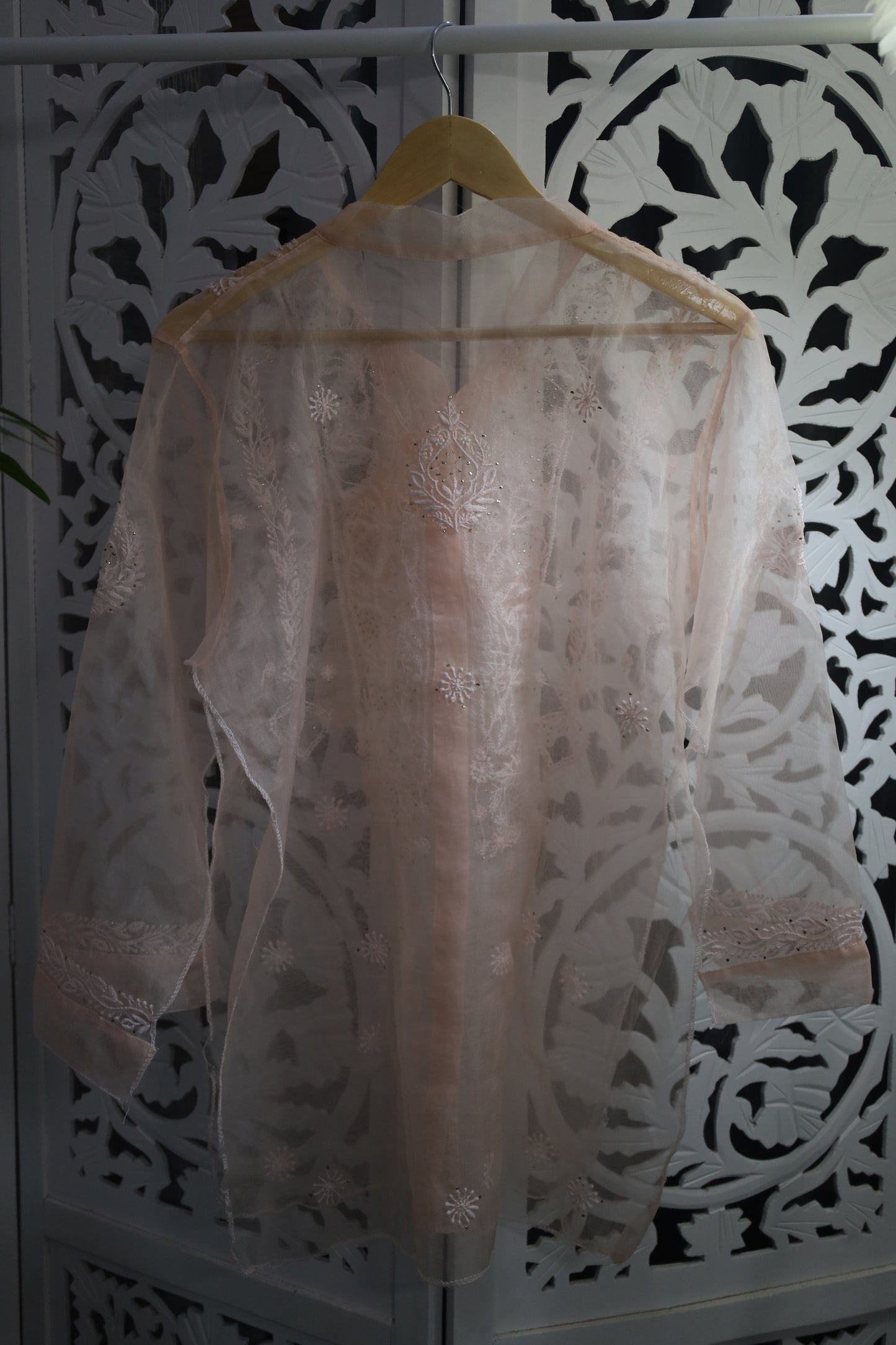 ORGANZA MUKAISH CHIKANKARI SHIRT- PASTEL PEACH