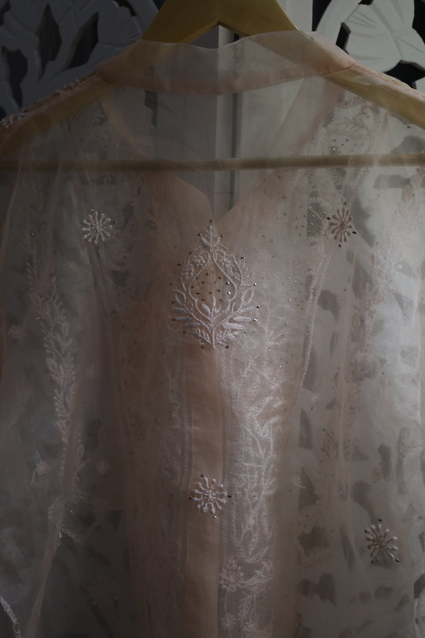 ORGANZA MUKAISH CHIKANKARI SHIRT- PASTEL PEACH