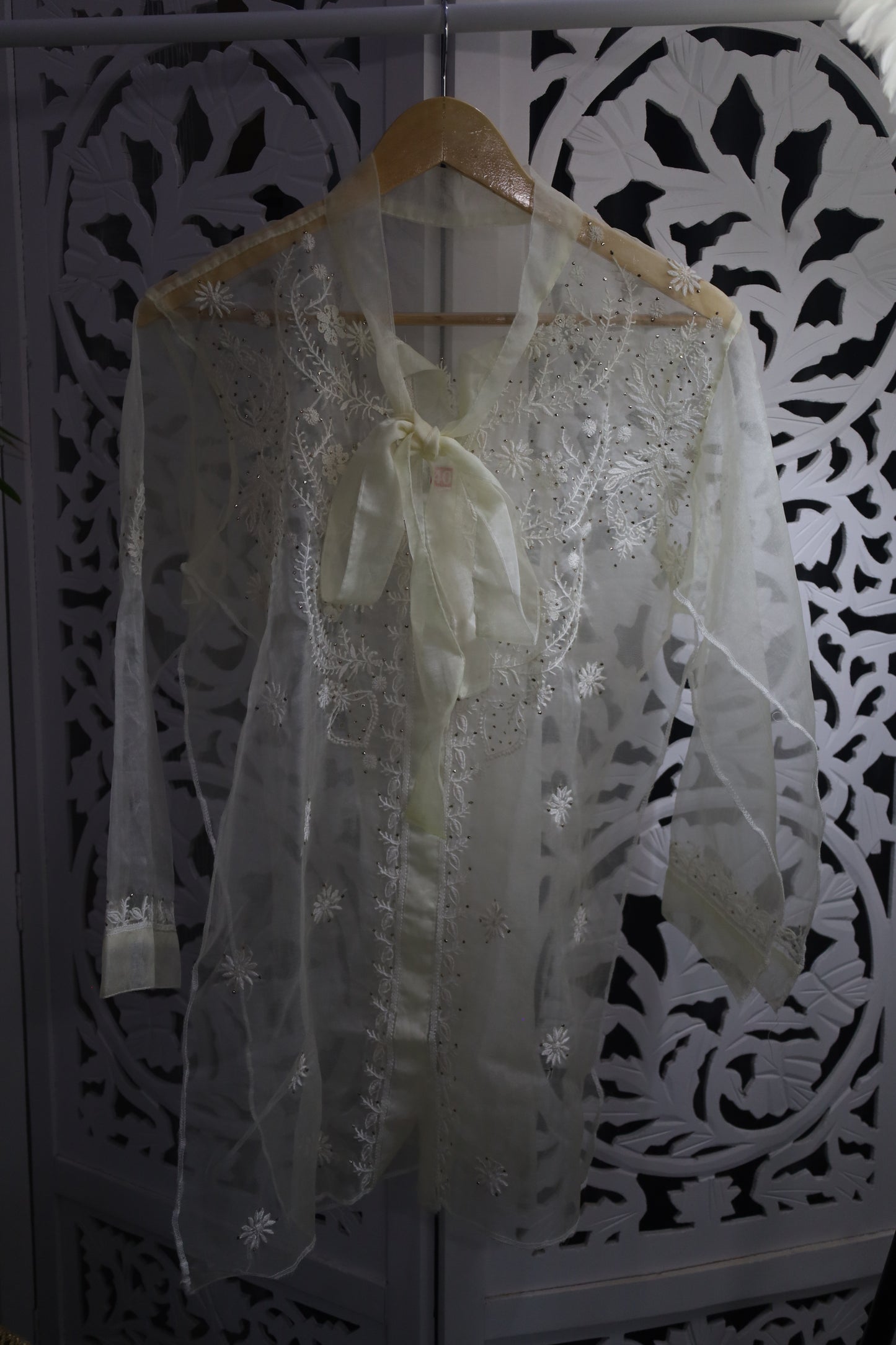 ORGANZA MUKAISH CHIKANKARI SHIRT- PASTEL YELLOW