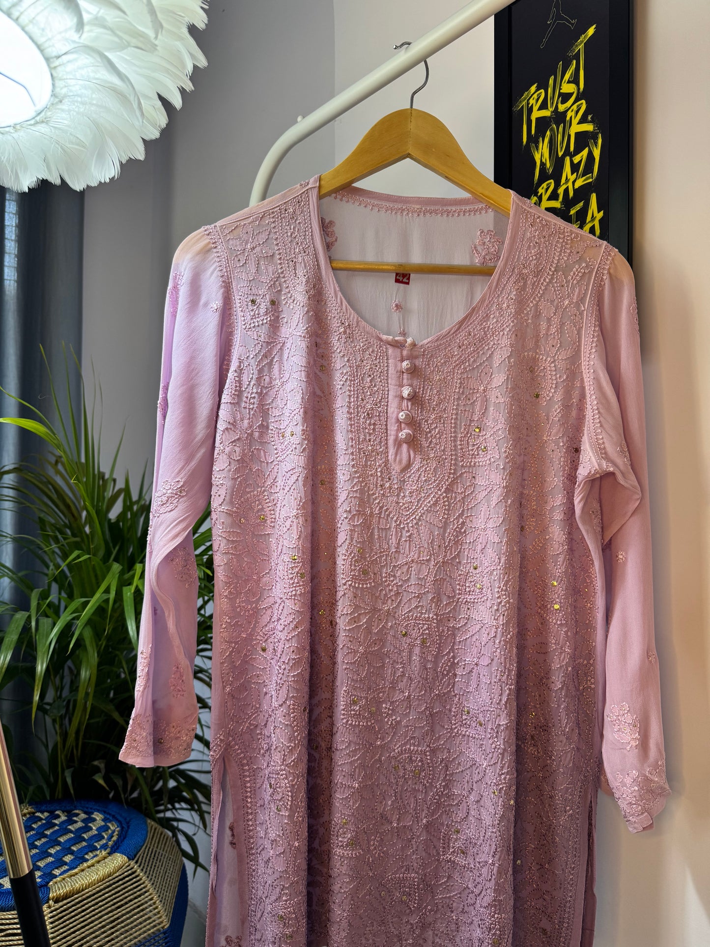 VISCOSE GEORGETTE MUKAISH CHIKANKARI SHORT KURTA- PURPLE OMBRE