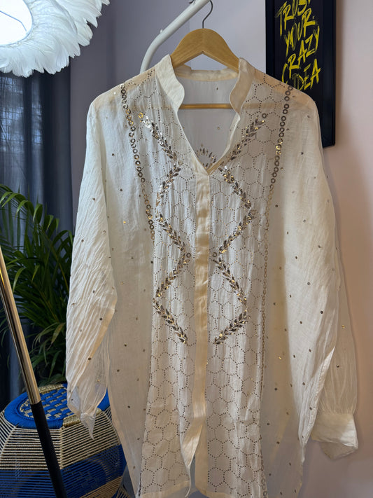 NURA CHIKANKARI MUL CHANDERI MUKAISH CO-ORD SET- WHITE