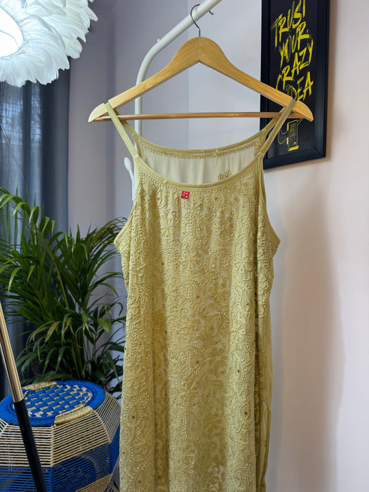 VISCOSE GEORGETTE MUKAISH CHIKANKARI NOODLE STRAP TOP- LIGHT GREEN
