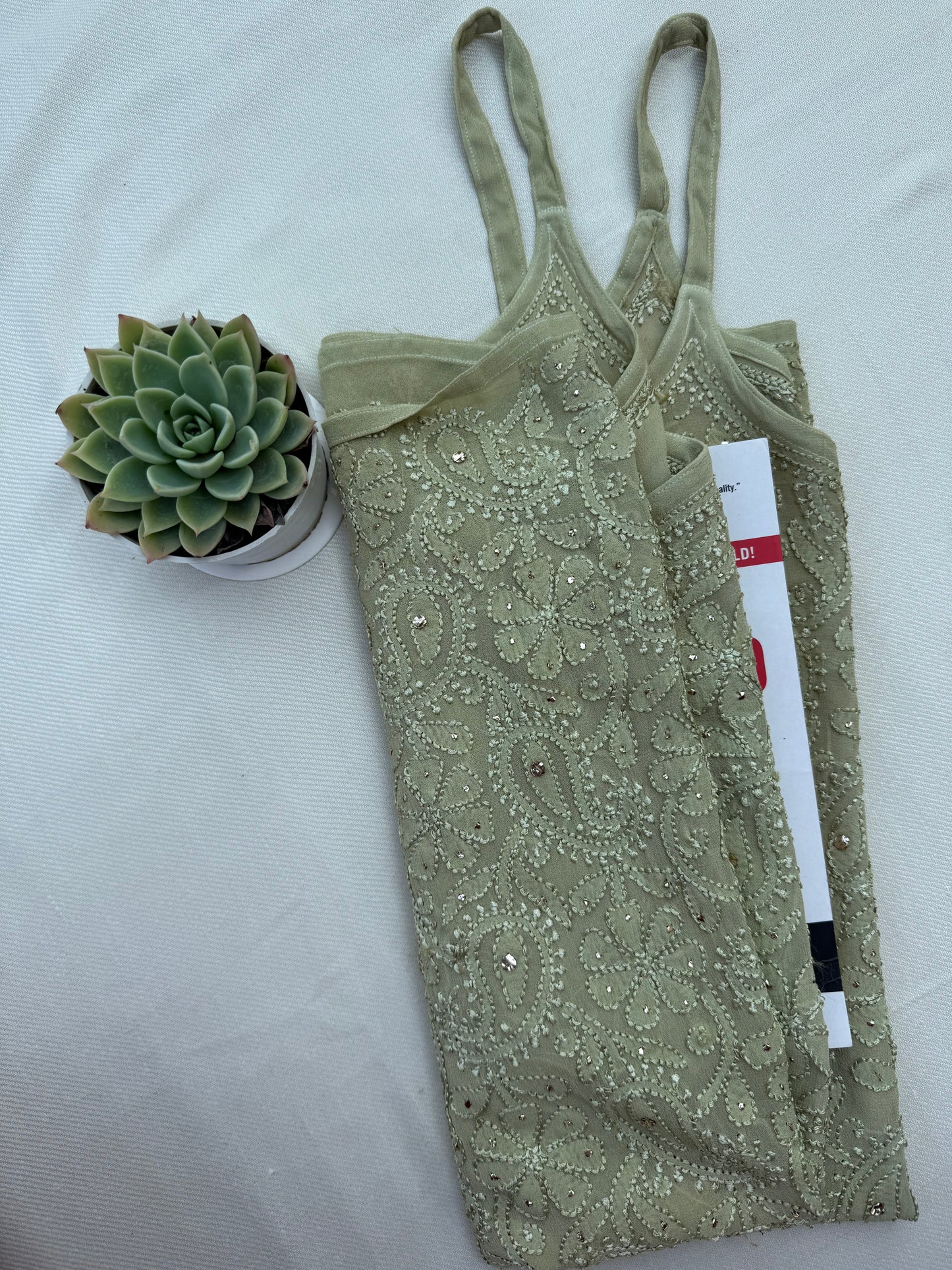 VISCOSE GEORGETTE MUKAISH CHIKANKARI NOODLE STRAP TOP- LIGHT GREEN