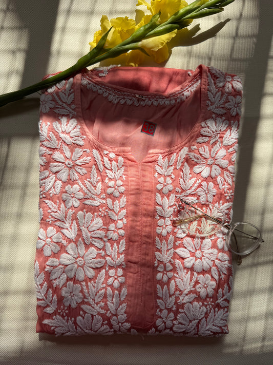 MODAL SATIN CHIKANKARI KURTA- ORANGE