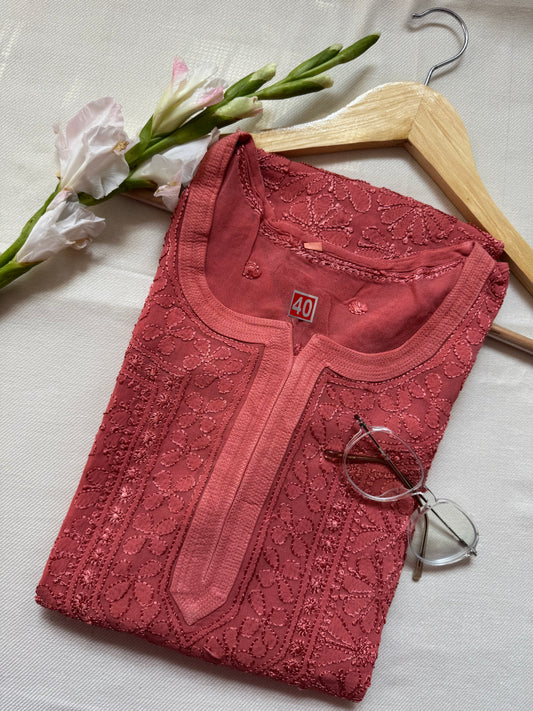 VISCOSE CHIKANKARI GEORGETTE KURTA- TERACOTTA